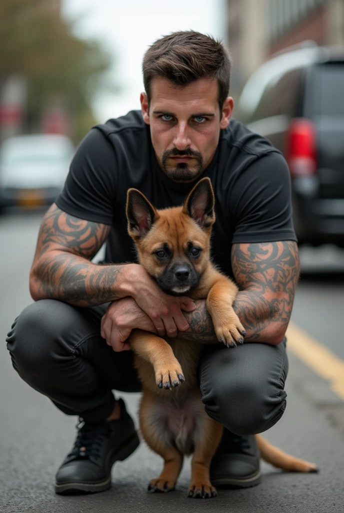 Brown Chihuahua dog with medium large ears wearing a black t-shirt