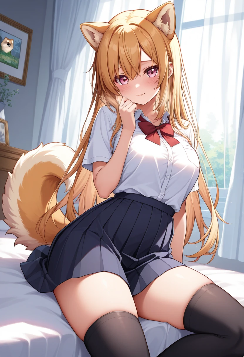 best quality,Optimal resolution,(Fluffy anthropomorphic furry :1.6),Fox Girl,Yellow long hair,Curly hair,(light fur),bathroom,Light and Shadow,(White short-sleeved shirt),Red tie,Black skirt,White socks,Glasses,Ribbon hairpins,Looking at the audience,Sexy face,Eyes very close,Full flush,Sexy pose,heart shape eye,Heart shaped eyes,Holding the stomach,Uncomfortable,