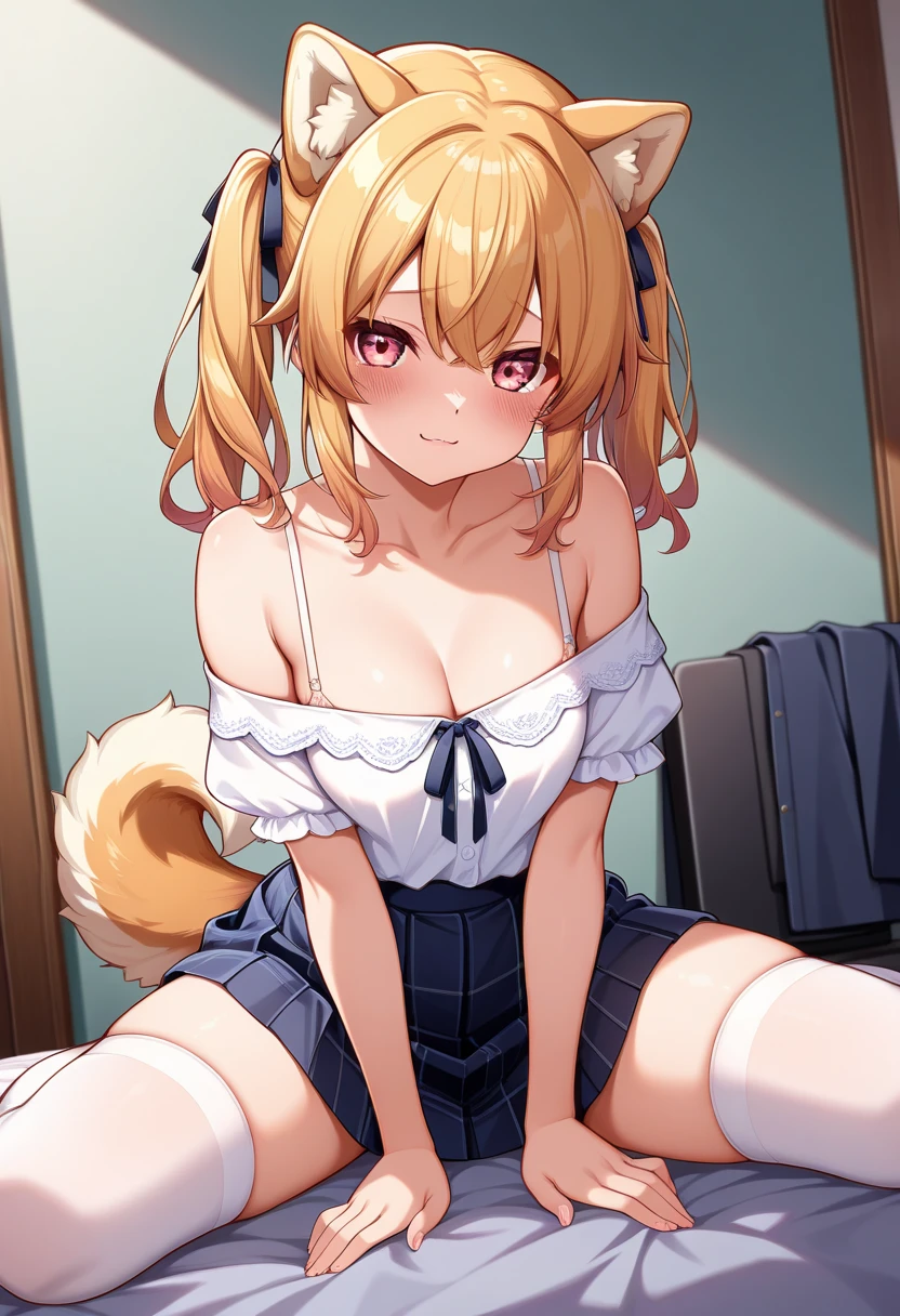 (Highly detailed CG Unity 8k wallpaper), (Best Quality), (Super Detail), (Best Illustration), (Best Shadow), POV, Realistic lighting and shading, Natural light, Lens flare effect, BREAK, 1 beautiful girl, Solo,(Cute:1.5),(Chibi:0.8), (kawaii:1.5),(Lori:0.5), BREAK, ( ( girl), Very detailed, colourfull, highest details, BREAK, (Huge breasts: 1. 2,), Clear skin, Beautiful skin, Shy skin, 1 beautiful girl, Brown hair, (Cat ears, Ponytail, medium-Long hair: 1. 2), (Light blue eyes, long eyelashes, Double eyelids: 1. 2), Solo,red blush, gleaming skin, BREAK,(skirt by the,a miniskirt,Beige skirt:1.2), (Sleeveless, sleeveless shirts, Red Shirt:1.2), (star-shaped earring:1.1), (Lace headband:1.0), (Cute back:1.3), (A smile,Happiness:1.1), (squatting,Arms behind your head,Open legs,Striped string pan:1.3), (Angle from the front:1.1), BREAK, Holding down the skirt with both hands