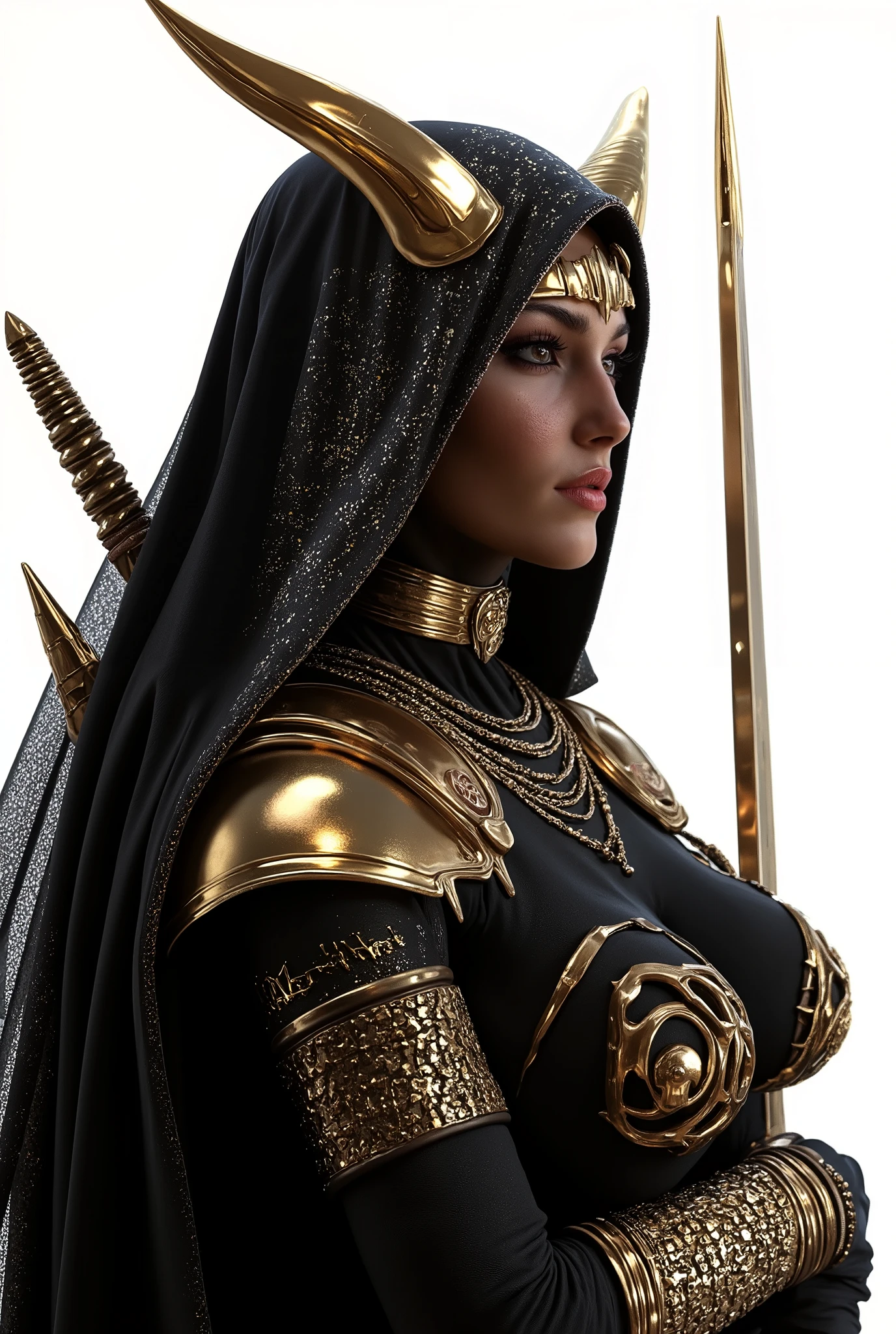 sexy female middle eastern demon hunter, detailed facial features, piercing gaze, determined expression, armed with dual swords, dark leather armor, glowing aura, occult symbols, dramatic lighting, 4k, highly detailed, cinematic, dark fantasy style, dramatic lighting, chiaroscuro, photorealistic white background full body, character design sketch in various perspectives, rear, front, 3 /4, profile