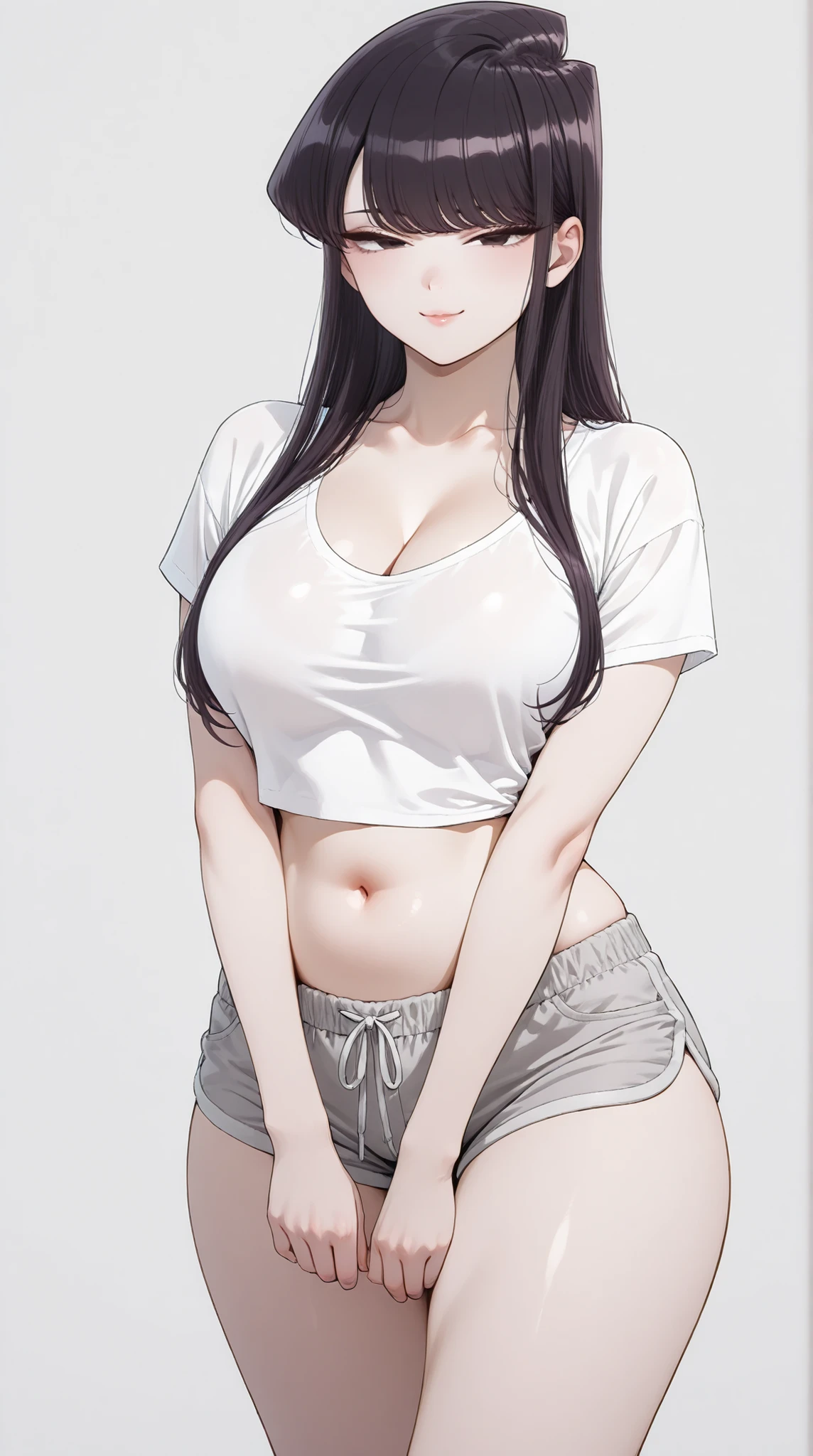 masterpiece, extremely detailed, intricate details, more details, many details, perfect skin texture, 8k, 8k resolution, solo, 1girl, adult,((fullbody)), stand up, komi_shouko, sexy legs, perfect body, large breasts, white t-shirt, grey shorts, housewife, soft light, high detailed, best quality, midriff, navel, navel line, belly, bare belly, sexy, hot girl, hot woman, big breasts, sexy girl, sexy woman, korean face, beautiful, thick thighs, thigh thighs, upper body, t-shirt, beautiful girl, beautiful woman, hot pose, perfect hands, wide hips, expressive, looking at viewers, front look, sexy pose, photography, white plain background, white background, mature, cleavage, girlish face, shouko komi, long hair, bangs, black hair, black eyes, half-closed eyes, eyebrows hidden by hair, cowboy shot,((white plain background))