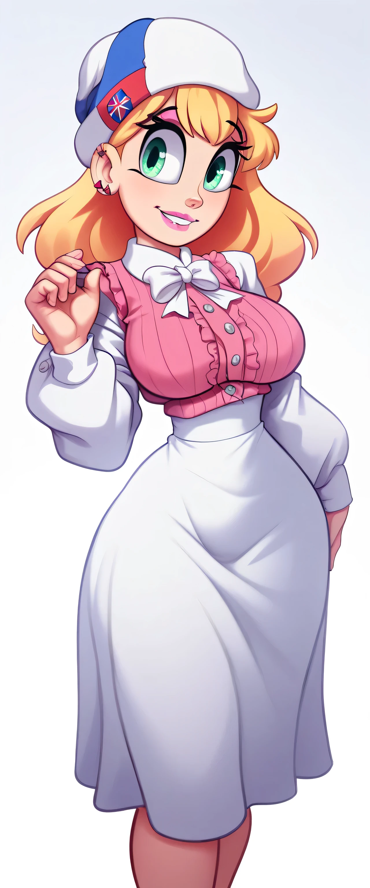 A plus size woman with blonde hair tied in a ponytail. She has green eyes and is wearing a classic style pink dress., with short sleeves and a belt at the waist. The woman has her arms crossed and has a confident expression.. The background of the image is all blue, no additional elements, to highlight the figure of the woman.
