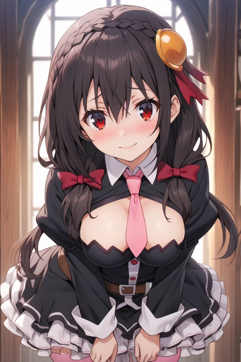 yunyun, black hair, hair ornament, red eyes, bow, braid, crown braid, large breast,BLACK BUNNY SUIT,BUNNY EARS,fishnet,from above,looking down on viever,eyes down,arms behin back,squinted eyes