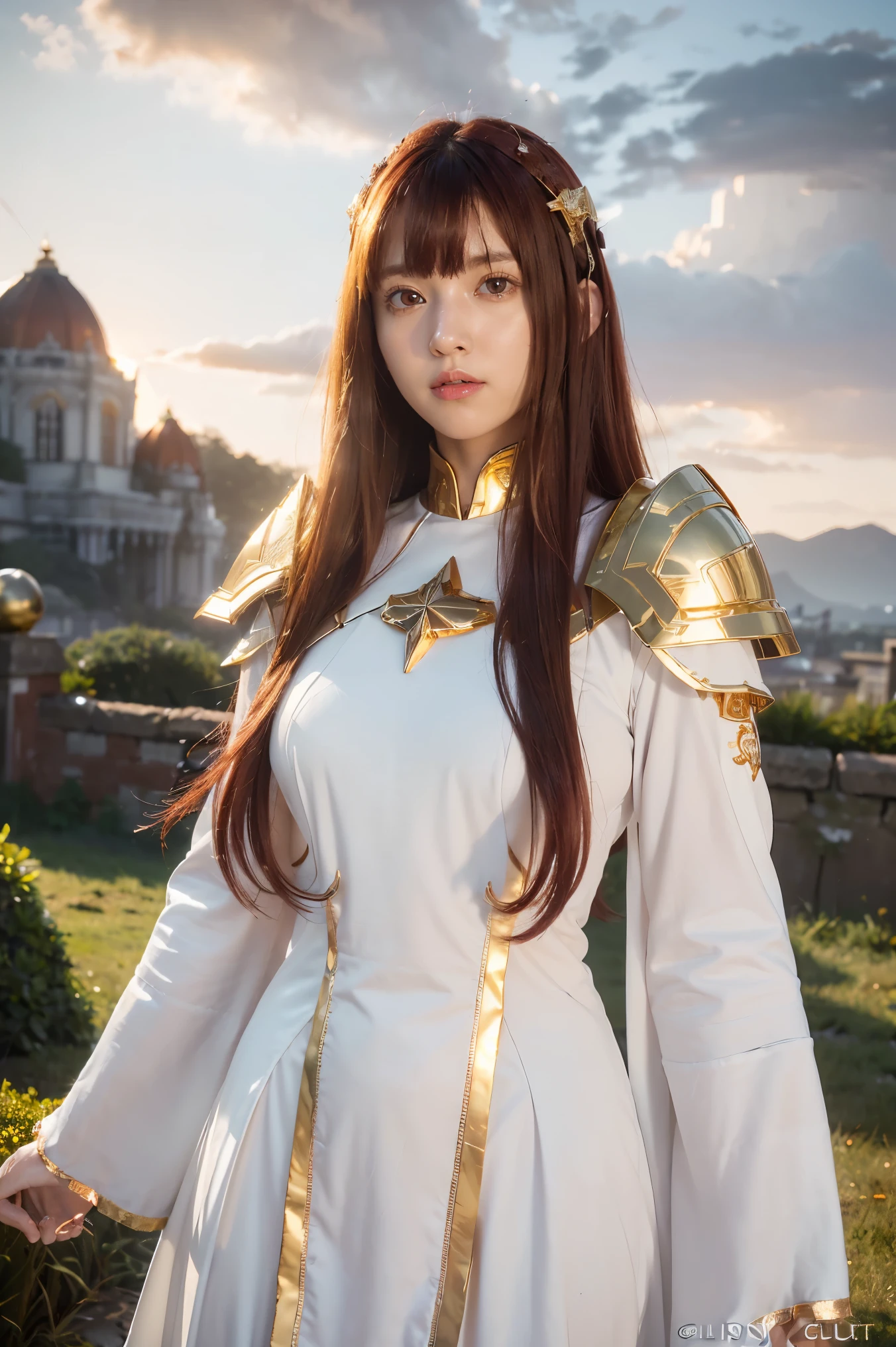 ((masterpiece, best quality, extremely detailed), volumetric lighting, ambient occlusion, colorful, glowing), 1girl, solo, young girl, (maroon hair with bangs), long hair, halo, aura, sacred, goddess, cleric suit, (white outfit with gold detailst:1.3), armor, outdoors, sunset, sky, clouds, space, (fantasy theme:1.2),