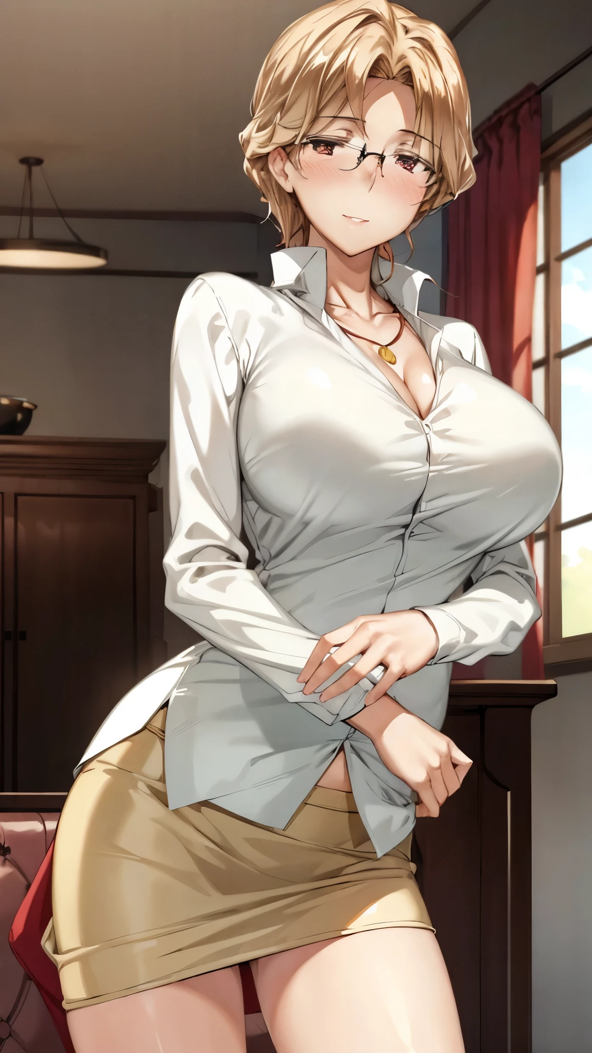 (SUPER QUALITY,super high definition,16k,A super masterpiece, ,detailed shading and background,)shot from below,sexy mature woman, Gold,glasses,Long-sleeved, long-length white shirt with a large collar standing straight,tight tight skirt,cleavage,necklace,Big Breasts,blush,with a maternal smile,glossy lips,living room,