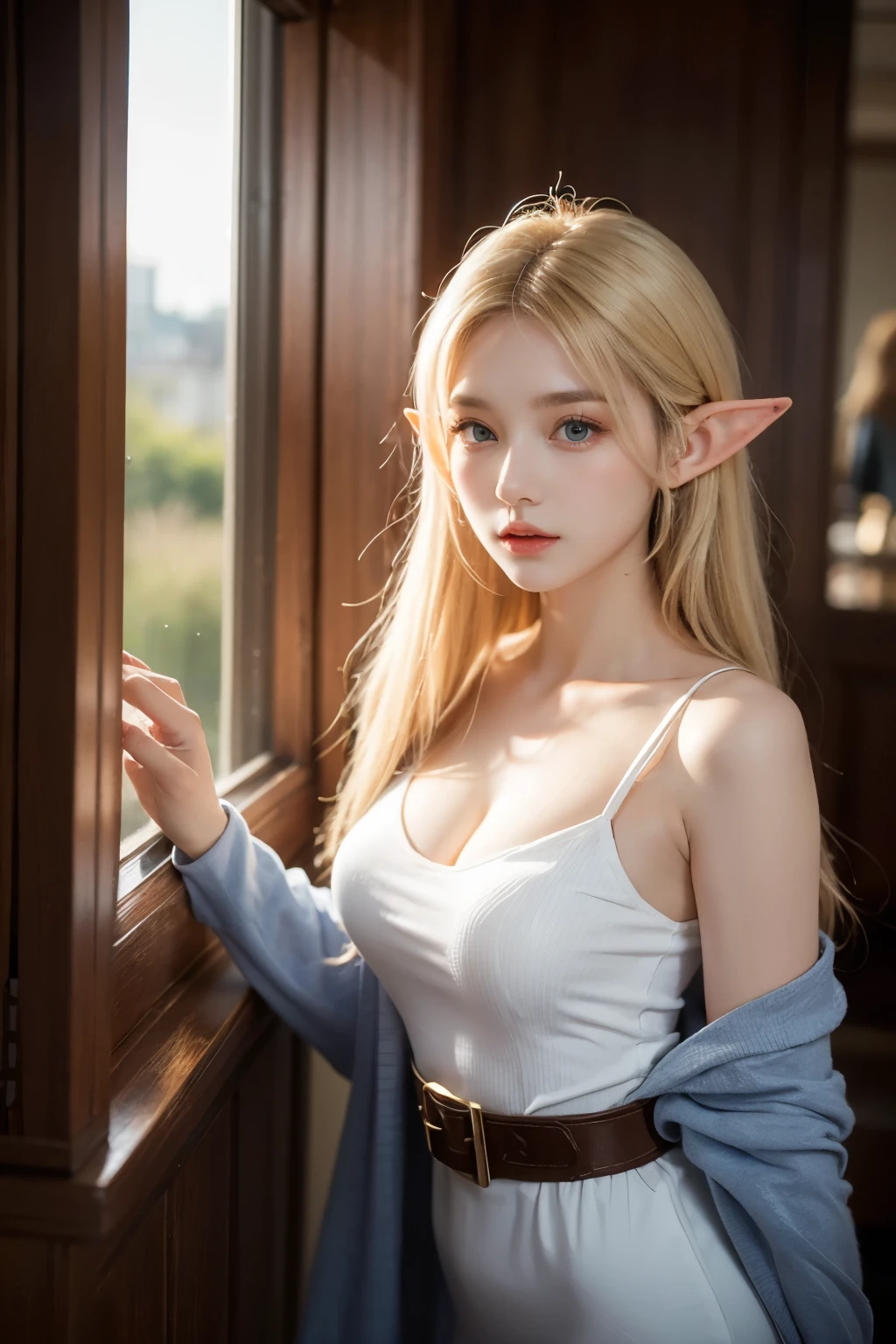 Two girls kissing,(Elf Woman:1.3), (8K, best quality, masterpiece:1.2), (Practical, photo-Practical:1.37), (original photo:1.3), (Upper Body影像:1.3), best quality, masterpiece, Unity, extremely delicate and beautiful, Very detailed, amazing, fine details, masterpiece, best quality, Official Art, Super detailed, high resolution, Very detailed, Ultra-clear images, Ultra-clear focus, rest, Beautiful and delicate girl, Very detailed eyes and face, Beautiful and delicate eyes, (Korean idol face:1.3), (((There is light on the face, Coordinating Minister:1.3))), (light, 工作室light, 戏剧性的light:1.3), 18 years old, (White sleeveless loose sweater with details:1.3), (Skinny jeans:1.3), Detailed clothes, Cute appearance, (Elf ears:1.1), (Pale skin:1.3), (shiny blonde hair, Extra long straight hair, ), (Slender), (Large Breasts:1.3), (Yao Liuer:1.15), rest,Bokeh, Depth of Field, early morning, (Charming smile:1.1), (Fashion Model Poses:1.3), , Perfect anatomical structure, Perfect proportion, Neon, looking at the audience, For the audience, Magic scenes, Magic Mark Background,,(An unparalleled masterpiece, Side Light, Exquisite and beautiful eyes: 1.2), ultra-Practical 8K CG, Perfect work of art, Upper Body, shiny hair, Glowing eyes, Glowing skin, Practical, 3D Face, Lower chest, Huge breasts, Perfect female body, aldult, , Yao Liu, looking at the audience, Lace, Lace trim, Tempting pose, Sexy pose, Tempting, prestige,