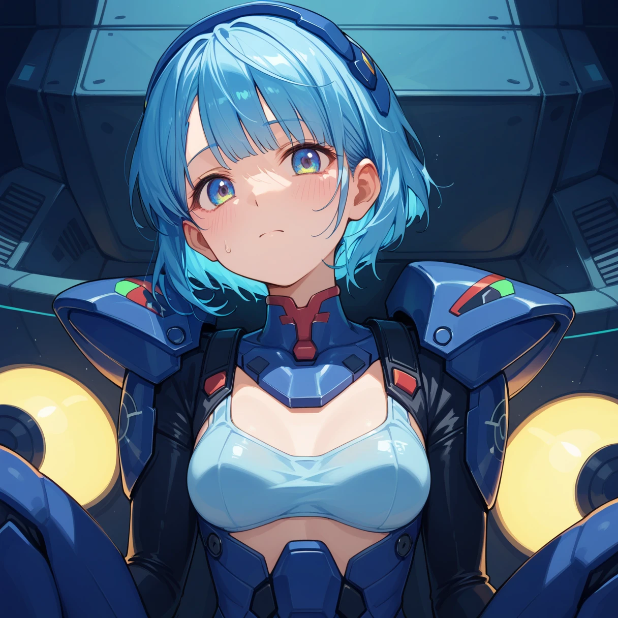 Machine, mecha, short hair, blue hair, shy smile, big breasts, cleavage, sexy,