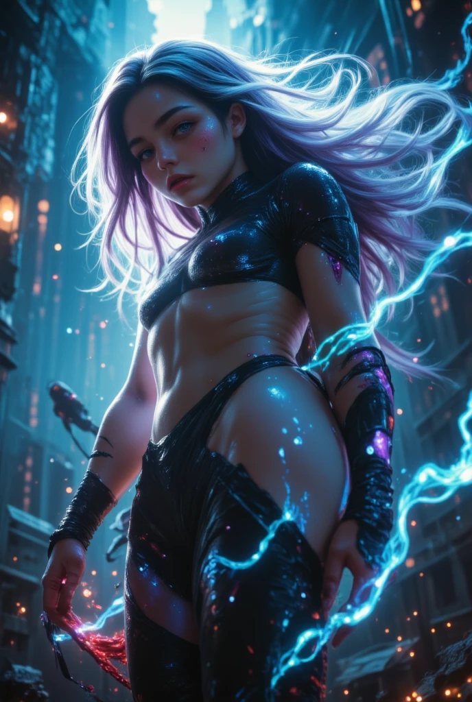 blonde woman,Short straight hair with bangs,with sexy warrior goddess sexy armor,too thin waist,red eyes,athletic fitness body,angry face,angry face,with a mighty staff,thick lips,thick eyebrows,lips painted violet,posing sexy,ass in thong,Fitness ass,round ass,with lots of energy around violet color,and electric rays surrounding her,big tits,very sexy armor,with erotic long stockings,with a lot of magical power,real imageista,real image,real human image,non-animated image,image without animation,very tight armor,posing on the back, mostrando el ass in thong,looking at the viewer,posing on the back,LOOKING AT THE SPECTATOR.