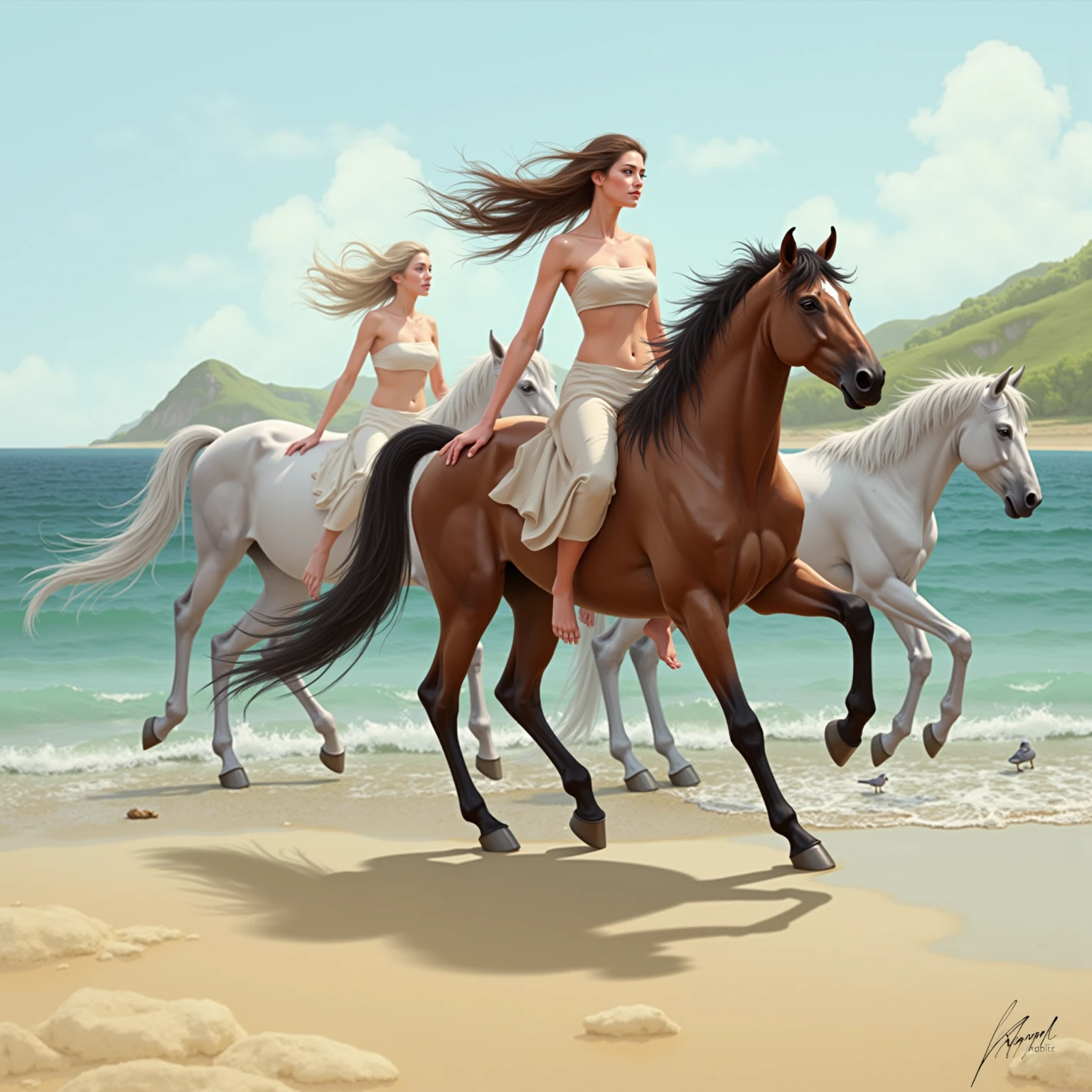 on the beach, 5 small full body, , nakedn lie on ground,  small man riding white horse white looking back, white feather cloak, shield, bow, sword, female greek god, white hair, masculine, mature, naairy torantasy, intricate, elegant, highly detailed, digital painting, artstation, concept art, smooth, sharp focus, illustration, art by gaston bussiere and alphonse mucha, almost naked