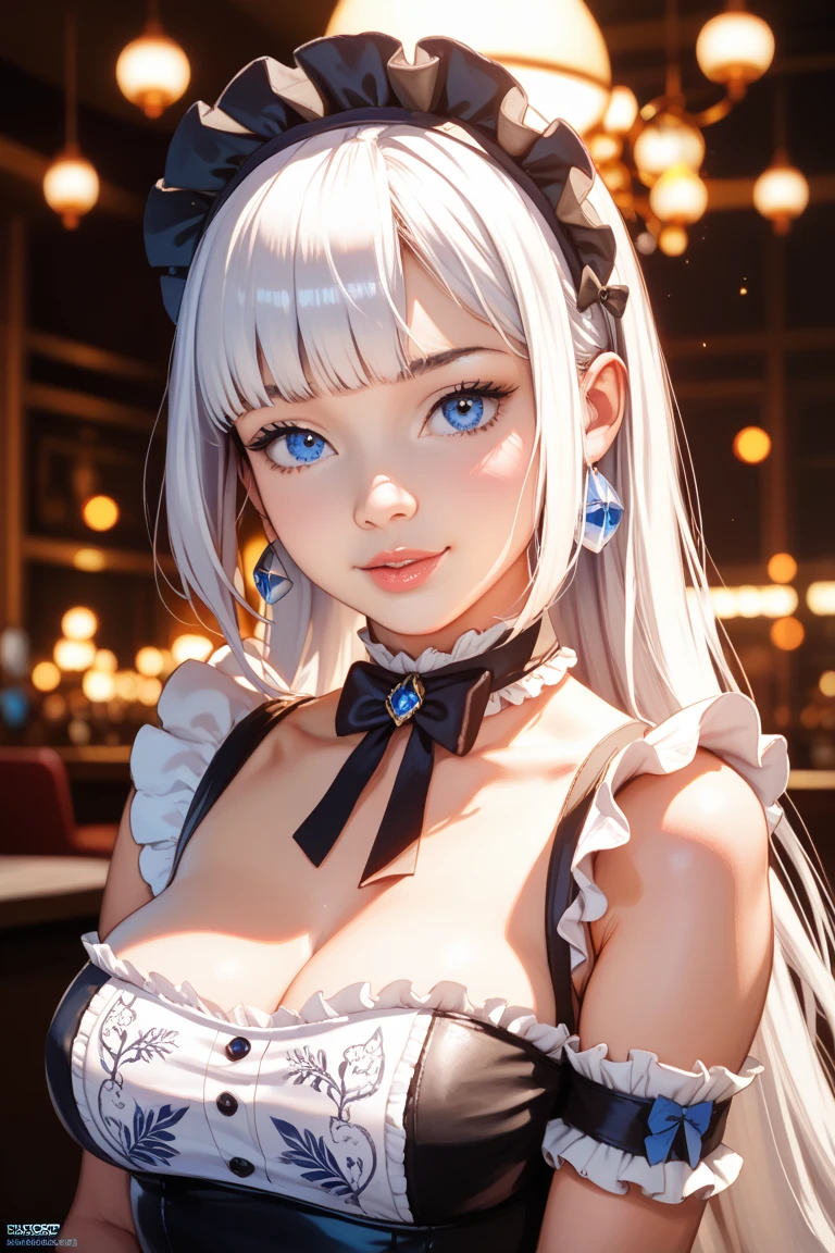 (Highest quality:1.2, High detail, masterpiece:1.2, Best aesthetics), (1 Girl), Cowboy Shot, ((Playboy Bunny, Fishnet tights:1.2, Bunny ears, ハイレグ leotard, 白leotard:1.1, leotard)), (Silver Hair, ponytail, Asymmetrical bangs, Bright Blue Eyes), Beautiful attention to detail, Beautiful lip detail, Highly detailed face, Detailed Fashion, elegant, luxury, High quality fabric, Shine, Shine, smile, Random Pause, Dutch Angle, bar, Nightclub, night, Dramatic lighting, Cinematic, Bright colors, Intricate details, Chiaroscuro lighting.