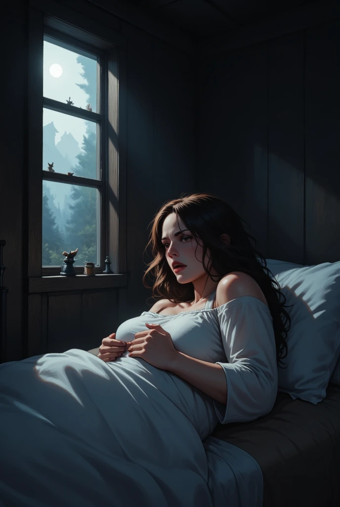 3D anime by adam hughes
a young woman
sleepy smoky eyes beautiful ,
cozy, lying in a room with a view of a forest
green tone , dim light, rim light, dark shadows, dramatic lighting,