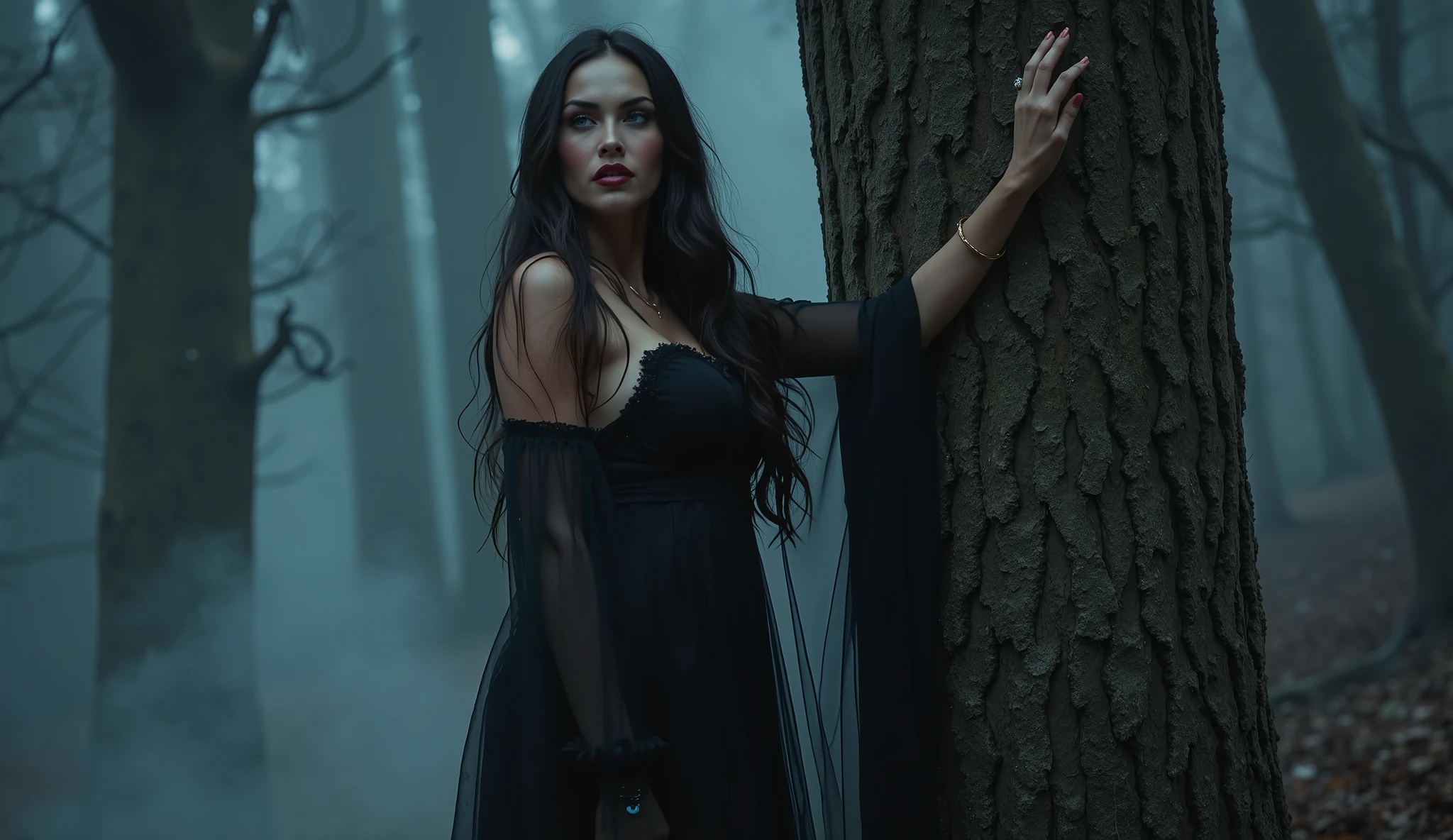 A captivating fantasy heroine resembling Megan Fox with long, wavy dark hair, standing in a shadowy, mist-filled forest. She has piercing blue eyes, full lips, and a confident yet mysterious expression. Her hourglass figure with big breast is wrapped in a dark, ethereal, semi-transparent dress with flowing fabric that flutters slightly in the cold air. Thick fog curls around her feet.
gothic woman touching ancient rune-covered tree, delicate fingers glowing faintly, runes shimmering, mysterious forest background, fantasy vibe