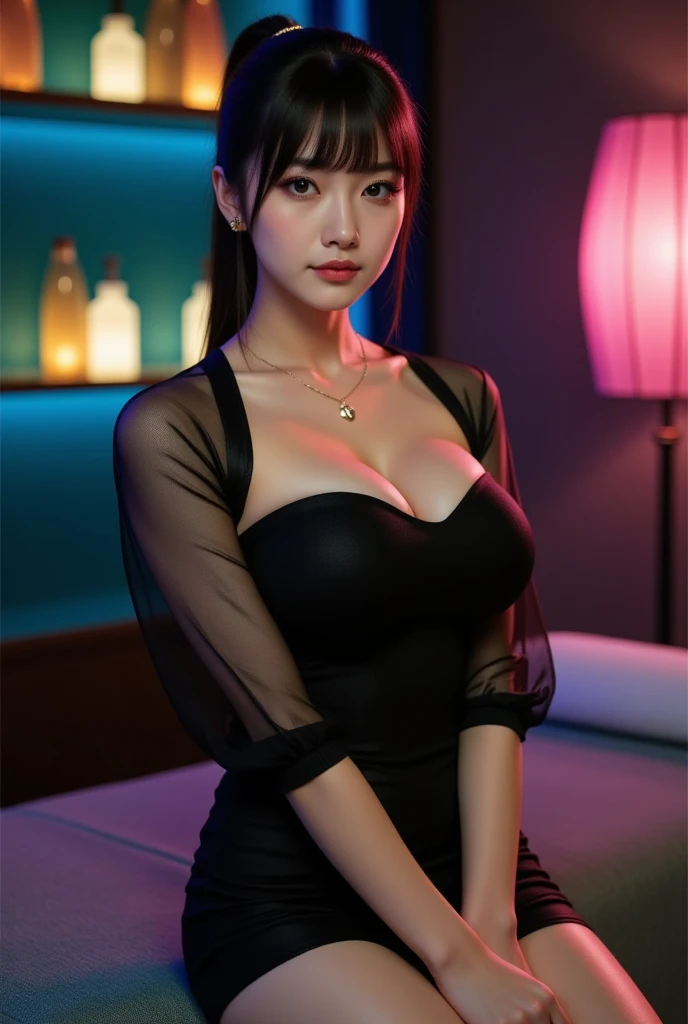 A scene of a woman wearing a low-cut suit sitting in a chair and flashing her best smile in a love hotel at night in a city lit up by neon lights.