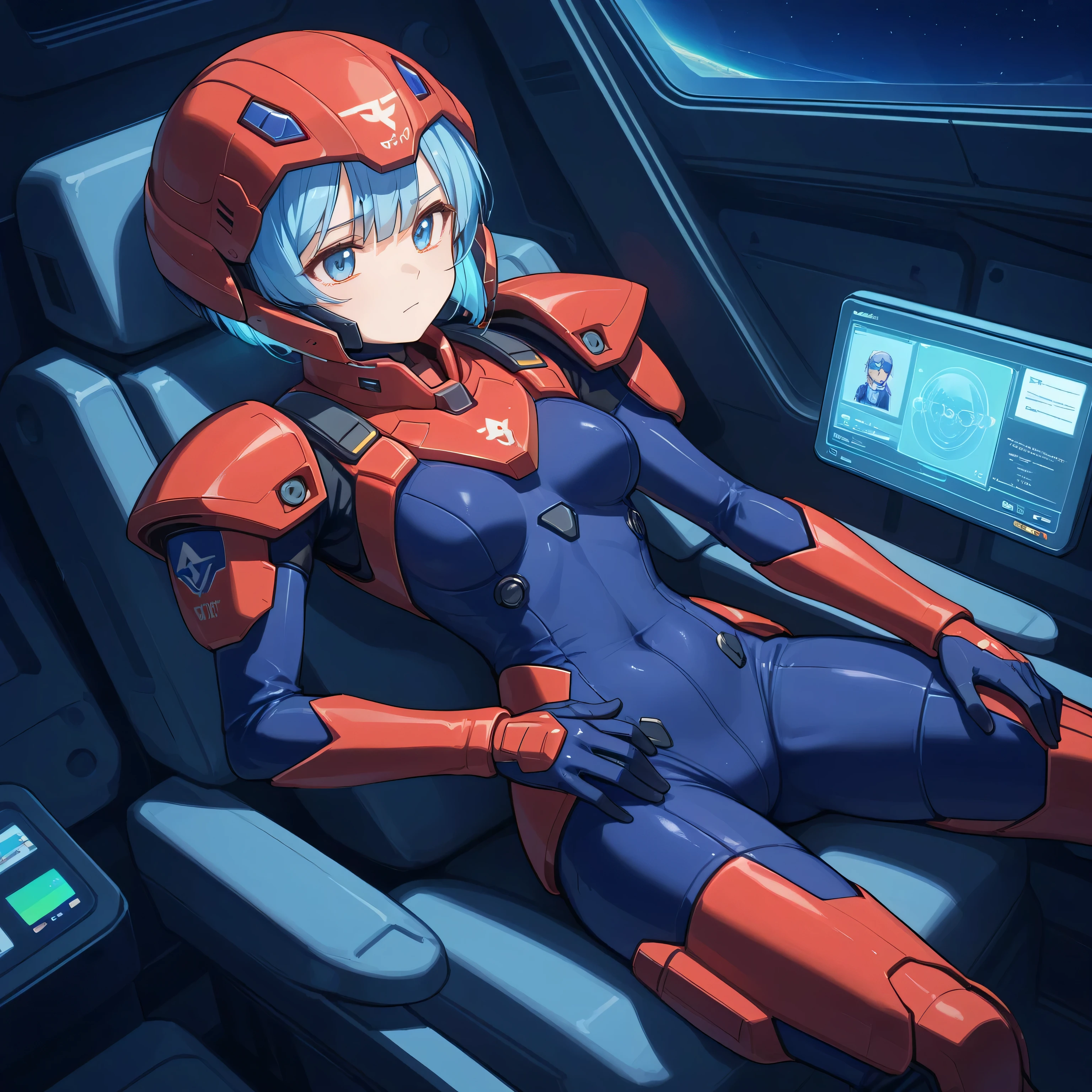((Holographic Glow Effect))、 Gundam wing cockpit,blue hair、masterpiece、top quality、1 person、medium bust、((album cover))、light on face、slender body、white and blue pilot suit with enamel finish、 elbow length gloves 、long hard boots 、exoskeleton、Metal Gear、cyberpunk style in itself、Gundam Pilot、attention arousal、 bubble helmet 、 space helmet, muvluv, space helm, eva helm,Transparent face guard,Complex and precise instruments