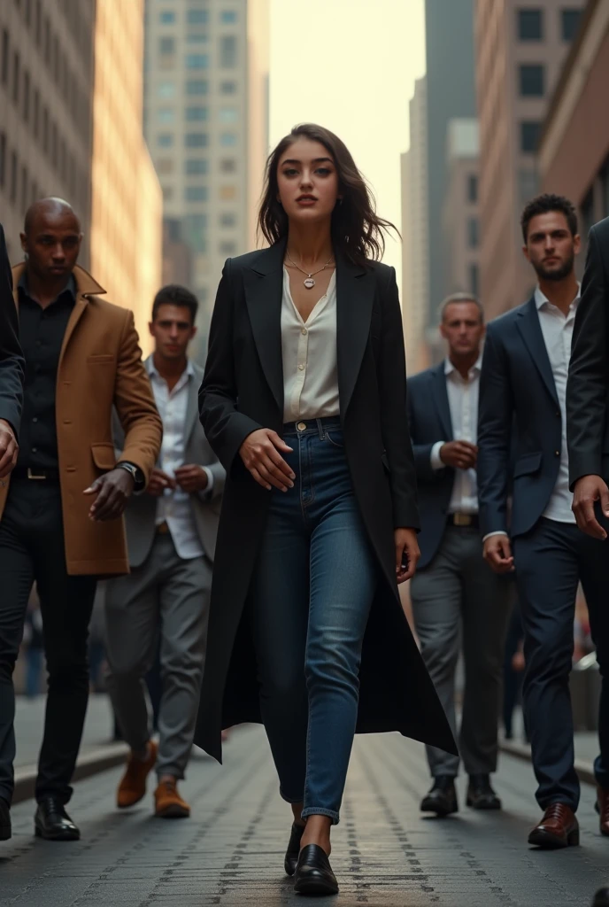 fashion girl running in new york street with 3 man bodyguard. Camera is close, down and wide angle. poses is dynamic. frame is tilt left. girl dressed red cosmic fashion dress. bodyguard dressed black suit.