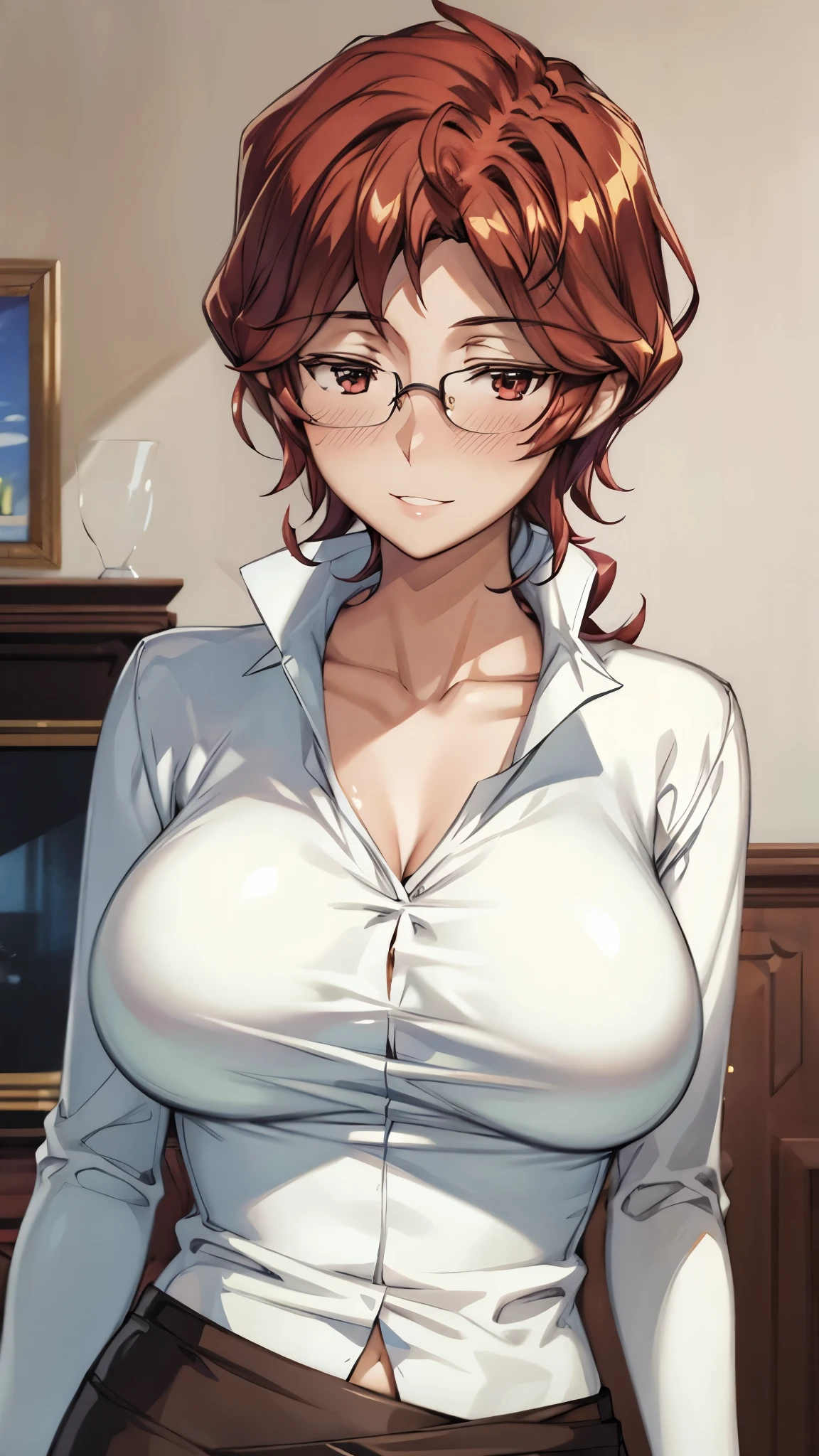 （SUPER QUALITY,super high definition,16k,A super masterpiece, ,detailed shading and background,） upper body shot from below,sexy mature woman, Gold,glasses,Long-sleeved, long-length white shirt with a large collar standing straight,slim slit skirt,cleavage,necklace,Big Breasts,blush,with a maternal smile,glossy lips,living room,