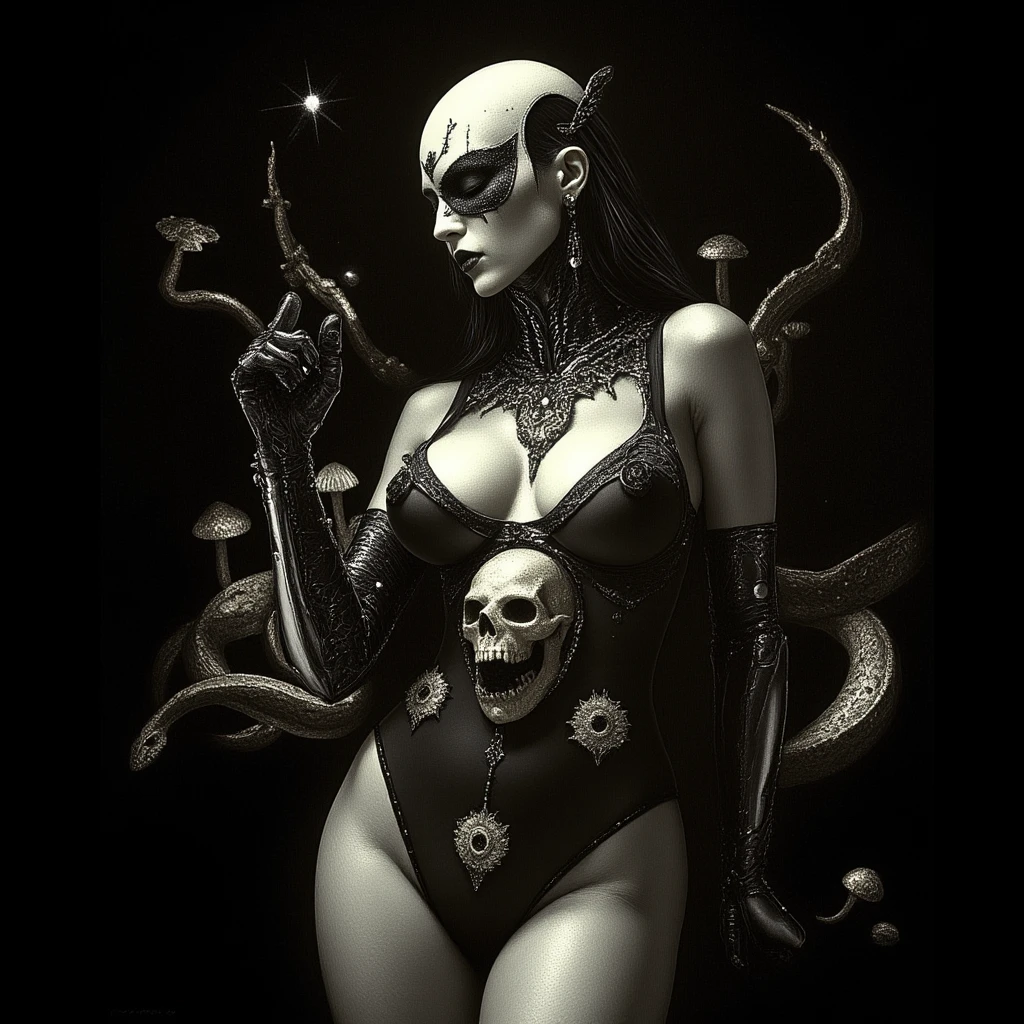 Create an image of Stunningly gorgeous beautiful perfect hr giger tattooed sexy seductive demonic hrgiger, Stunningly gorgeous perfect flawless sexy face, hyper detailed neon ruby ornaments, large firm breasts, full body view, nude, no color black and gray only, portrait off set by 20 degrees,