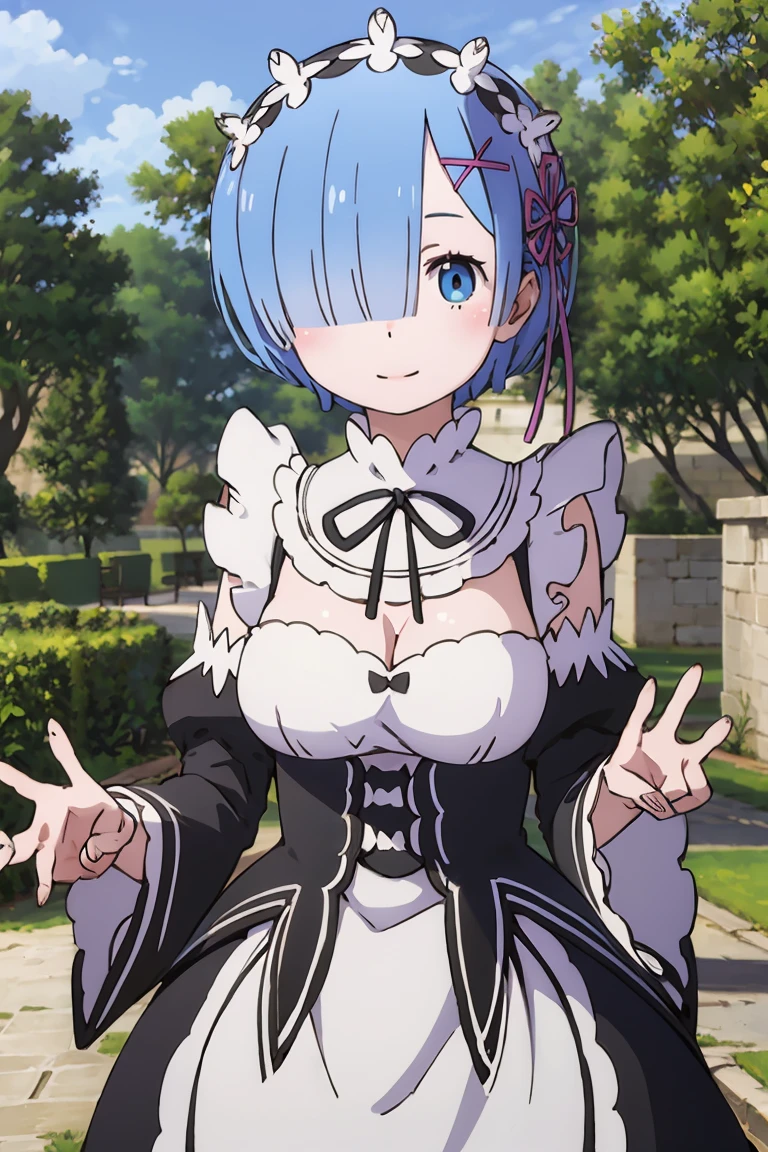 (((Pixel perfect, Perfect details))), alone, 1 girl,  Rem, Roswaal mansion maid uniform, Maid tiara, looking at the audience, Smile，(grabbing the breasts:1.4)，
