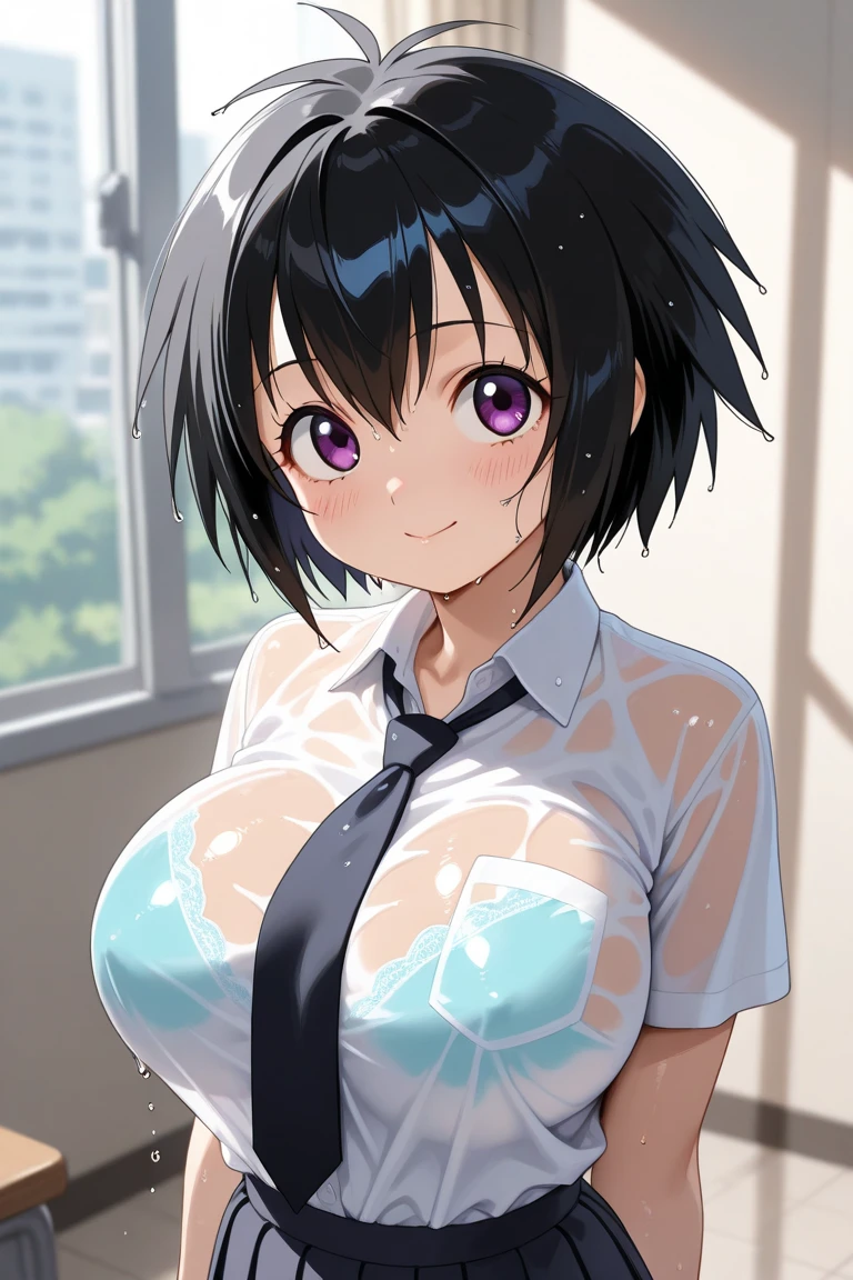 ((Highest quality, High resolution, Pixel perfect, 4K)), (1 person), (Beautiful Anime),
Observe the audience,
Perfect body, Adult women short hair , Bright blue hair 、Side part 、Super big breasts 、( Purple eyes ) 、 Detailed eyes、
(blush), Embarrassing 、Climax 、Please open your mouth slightly、Provocative look 、
(Very wet shirt 1.2) 、 The shirt shows through and the nipples are visible 、 Wet skew 、 Cleavage 、
Cowboy Shot 、 first round
