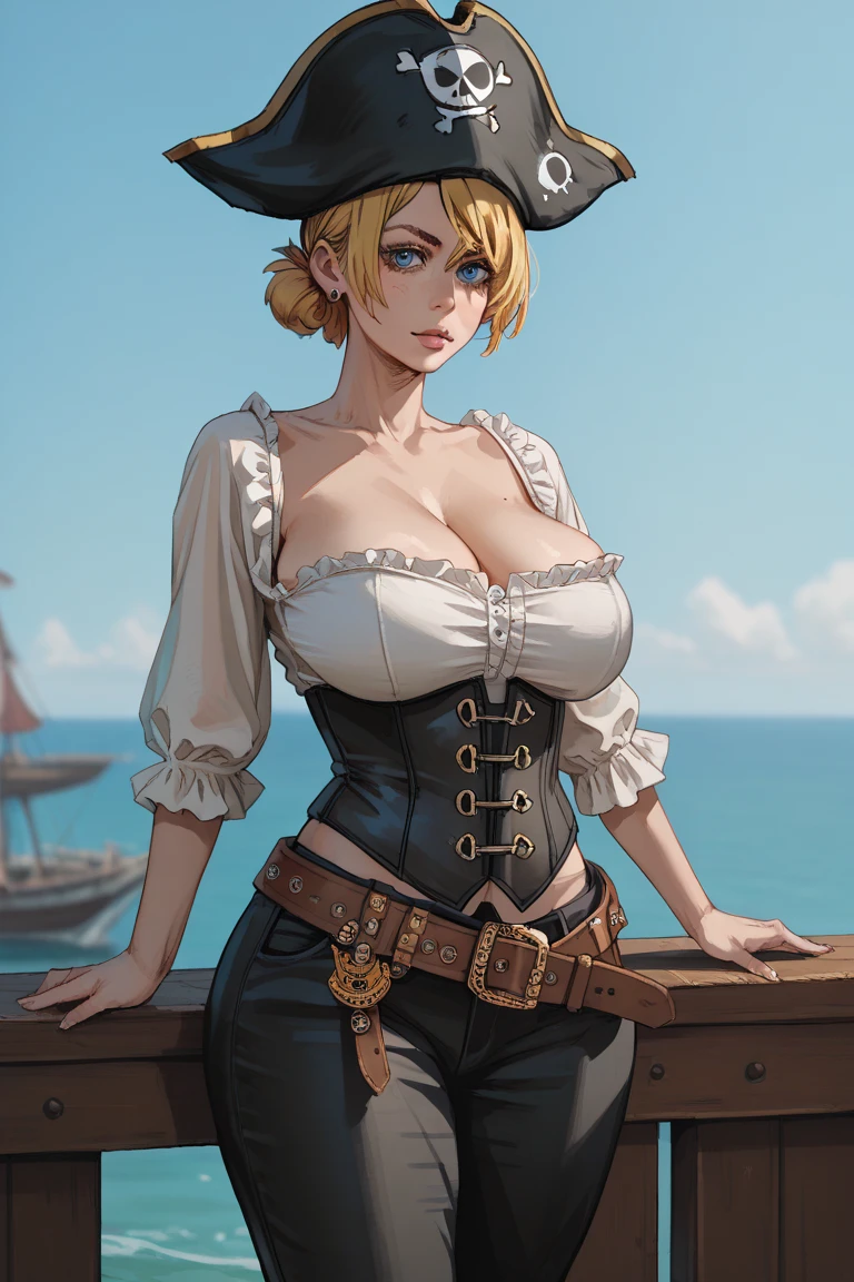 gwen tennyson,tracer,yorha 2b,nami, rebecca chambers,reisalin stout,pirate outfit,beach,teenager,green eyes,thigh high boots,garter belt,striped panties, short hair,orange hair,pirate ship,shy smile,white striped top,tight skirt,wet shirt,freckles,redhead,pirate corset,pirate jacket,beautiful girl,large breasts,ultra detailed,realistic,pearl earrings,legs spread,