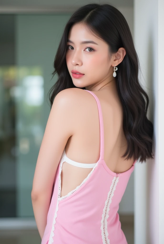 ((Highest quality, 8K, masterpiece: 1.3)), sharp: 1.2, Perfect Body Beauty: 1.4, ((Layered Hairstyles, Small breasts: 1.1)), street: 1.2, Wavy Hair, White and beautiful skin, Beautiful attention to detail, Super detailed, Highly detailed face and skin texture, fine grain, double eyelid, Long black hair, Not tying hair, Turning his back, Big Belly, Big Ass, Butt crack, Lower Body, Thighs, Skinny, Fabric light purple lace dress, Ribs are floating, Wet and shiny lips, Cross your arms, Lace pattern, Look Up, smile, Looking back here, The gaze is directed this way, Waistline