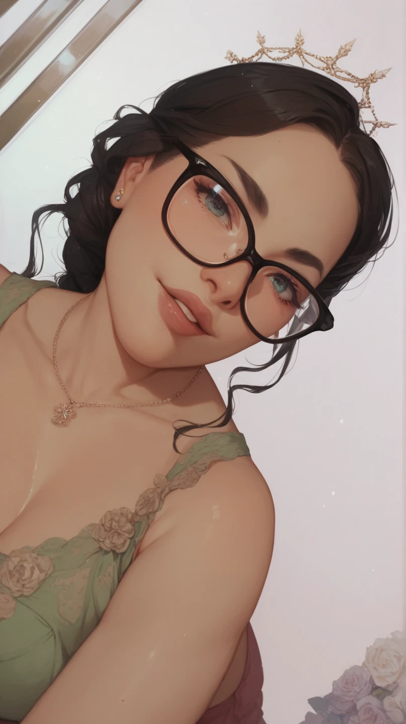 there is a woman in a bra top and glasses laying on a bed, in a black betch bra, smiling seductively, black bra, posing in bra, sexy :8, with a seductive smile, sultry and beckoning, posing together in bra, bralette, black and white, sexy look at the camera, curvaceous. detailed expression