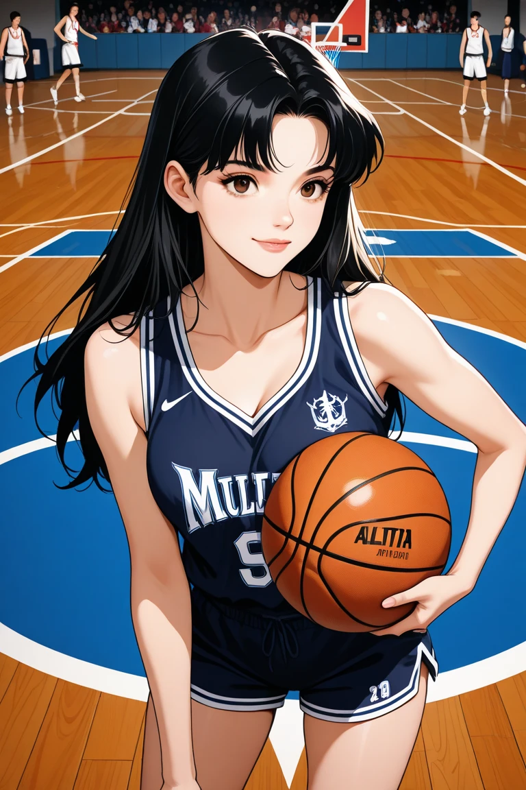 masterpiece, best quality, highres, depth of field, smiling, looking at viewer, 1girl, ulzzang-6500, pureerosface_v1, short hair, hair up, basketball uniform, tall, indoor stadium, holding a basketball,