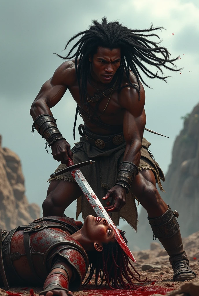 In medieval times, a dark-skinned orc with tied dreads, shirtless, wearing a hinterland hunter skirt, simple pants, and leather boots, on his back carries a large axe, and on his belt