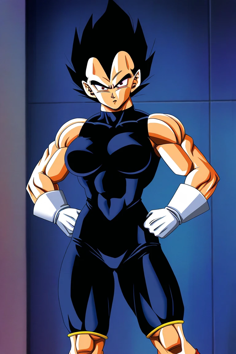 (high resolution, pixel perfect, gorgeous illustrations), (hyper quality, muste piece, etheric: 1.4), ((1girl, solo)), ((videl)), full body, ((stand,open legs)), (((muscular))), fighter, cool atmosphere, Twintails with black hair, ((Exquisite face)), ((((waist-cape armor, black zentai)))), ((cameltoe)), shiny skin, gleaming skin, sweat, simple background, style_parody, anime_coloring,