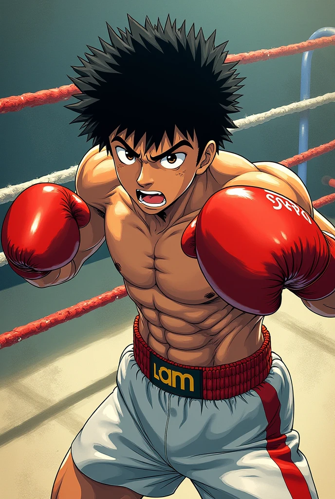 A black male with a black afro, wearing orange boxing gloves in a boxing match, boxing pose, abs, sharp teeth, muscle, sweat