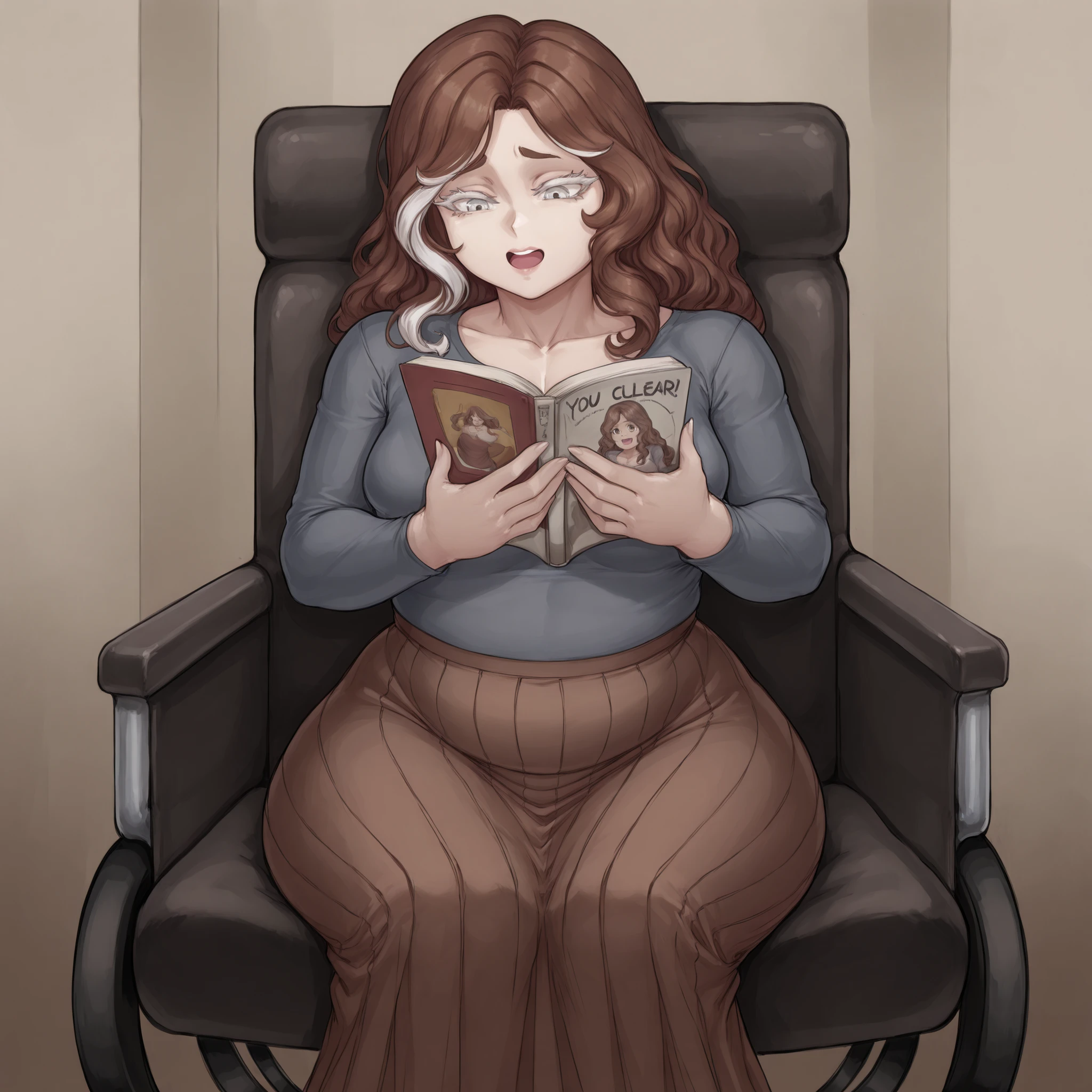 1 woman, you are clear, brown wavy hair, round face, beautiful face, white eyelashes, medium breasts, thick thighs, wide hips, cintura con Leather markets, thighs, Leather markets, is a little fat, long skirt, long sleeve t-shirt with large neckline, sitting in a wheelchair back of the room, with a book in his hands, Reading the book , with her excited excited expression