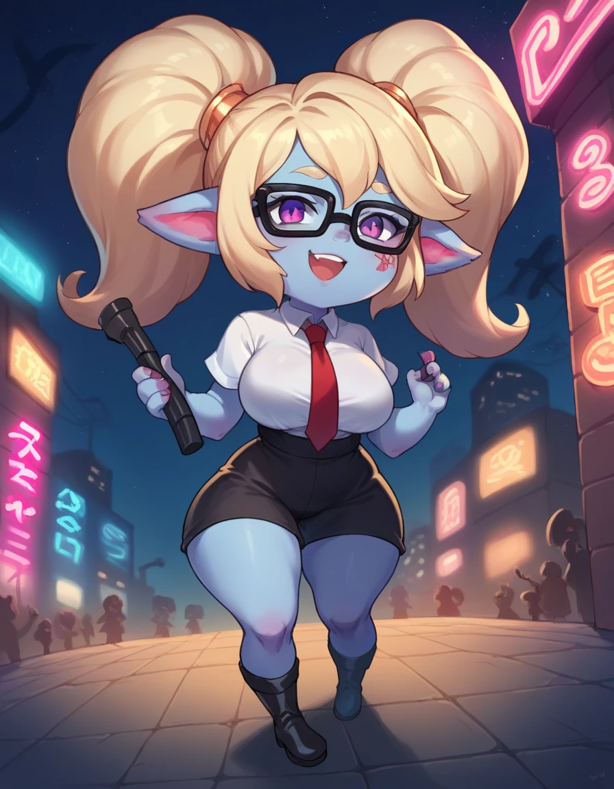 ((best quality)), ((highly detailed)), fullbody photo,masterpiece, absurdres, detailed face, beautiful face, (detailed eyes, deep eyes), (1woman), dynamic pose, (poppy:1.1), blonde hair, twintails, magenta eyes, curvy, wide hips, ((colored skin, light blue skin)), large breasts, smirk,white shirt with buttons,short sleeves,black skirt, thighhighs, professional photoshoot