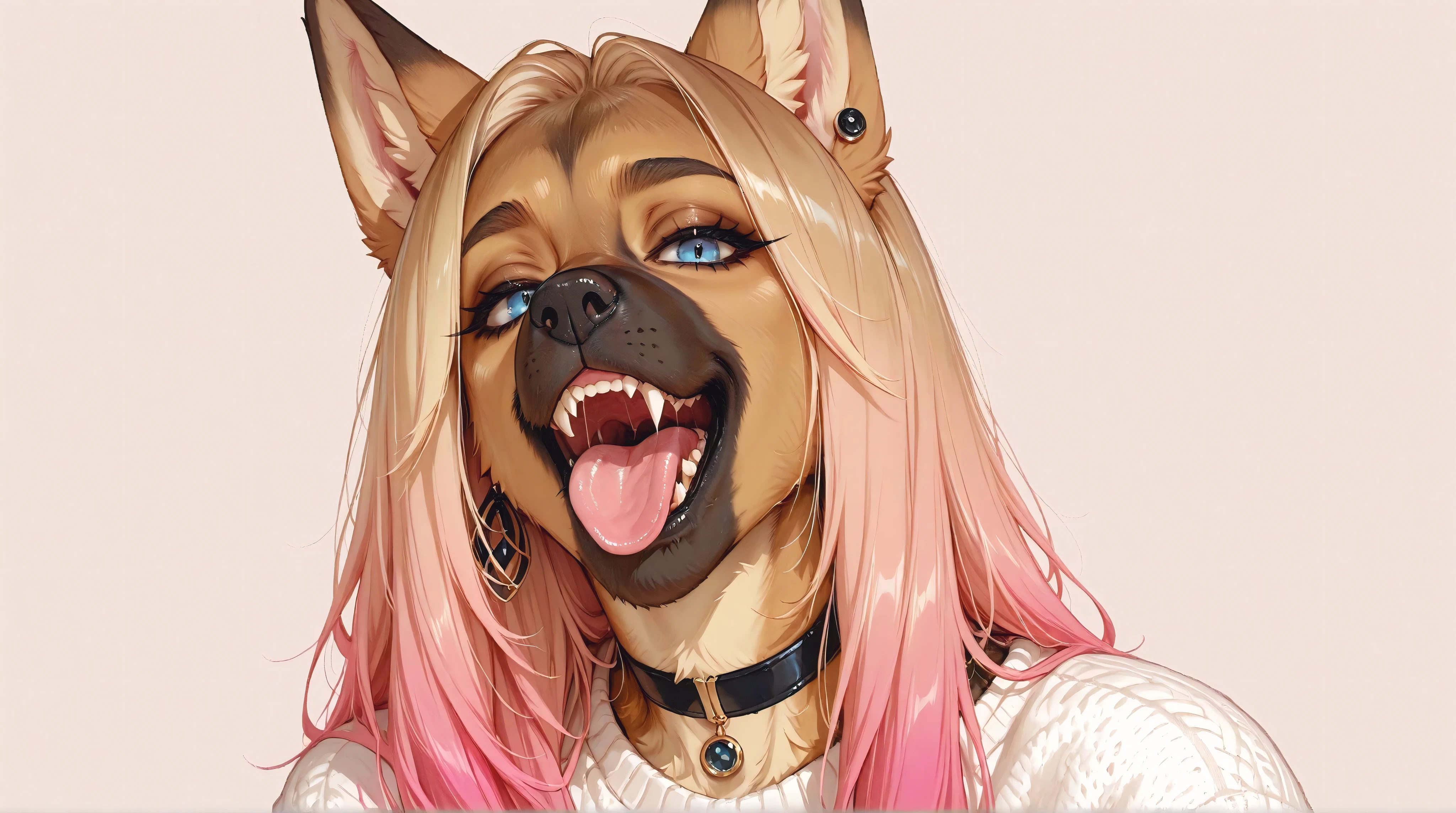 anthro german shepherd, 1girl, animal ears, solo, blue eyes, multicolored hair, pink hair, furry, teeth, furry female, jewelry, blonde hair, looking at viewer, long hair, open mouth, tounge out, earrings, choker, fangs, gradient hair, sweater, portrait, simple background, two-tone hair, white sweater, face detail emphasis, dog ears