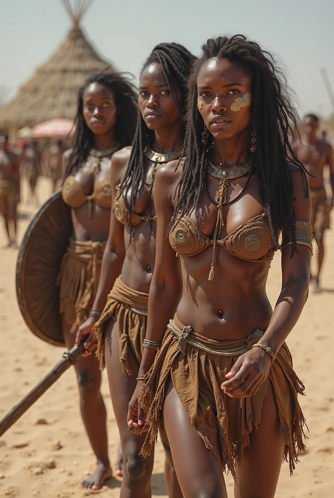 Black women, African warrior tribal clothing, Muscular female body, Big Tits, In a desert, dreadlocks, White hair, Amazon, armor