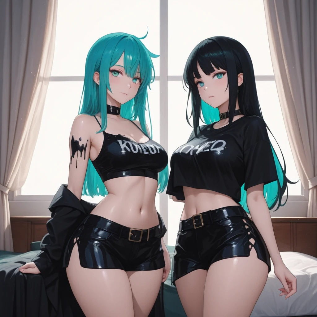 3 gorgeus girls, olhos verdes profundos amendoados, Muscular arms, Ultra HD, retina, obra de arte, Anatomicamente Correto, pele texturizada, detalhes altos, premiado, Melhor qualidade, 8k, alto,( holster, gun holster, bondage gear, armwear, legwear, Choker, black gloves, elbow sleeves, yellow headband, pantyhose, harness, belt with pounches,), shirtless, bottomless, shaved pussy, large perfect breasts, wide hips, thick thighs, naked, clothless,