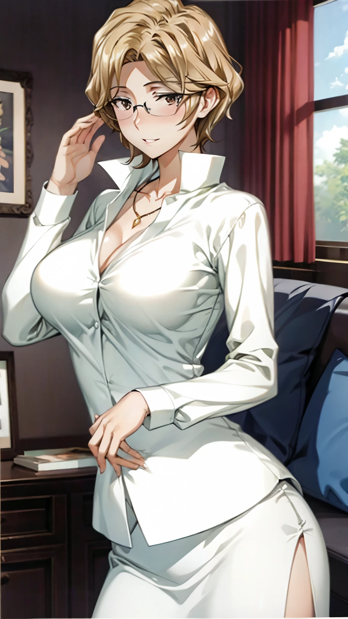 Isabella , white shirt, black skirt, high quality,4k, shirt open,