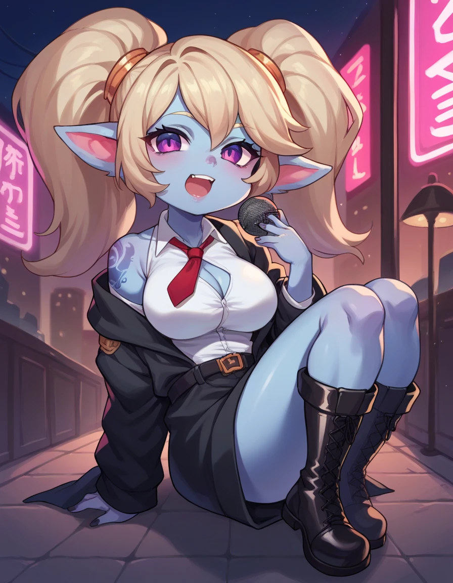 ((best quality)), ((highly detailed)), fullbody photo,masterpiece, absurdres, detailed face, beautiful face, (detailed eyes, deep eyes), (1woman), dynamic pose, (poppy:1.1), blonde hair, twintails, magenta eyes, curvy, wide hips, ((colored skin, light blue skin)), large breasts, grin,white shirt with buttons,short sleeves,black skirt, thighhighs, professional photoshoot, skyscraper office