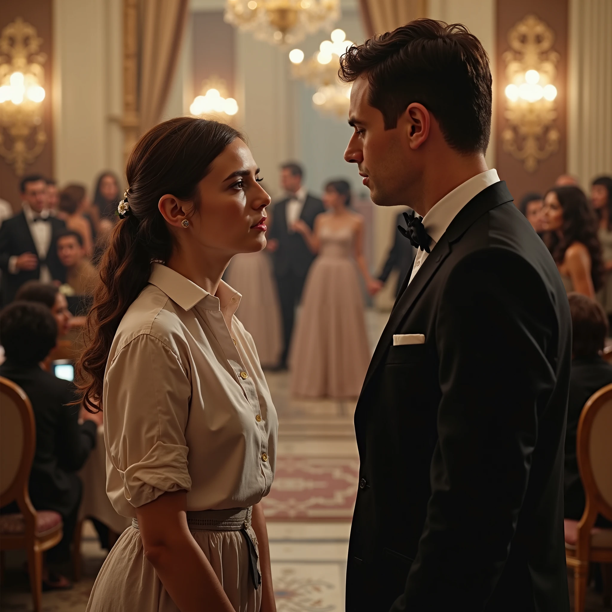 beautiful couple. woman wearing classic dress, dark hair in ponytail, she wears amber earrings, a man in suit stays behind her and gently holding her shoulders. Romantic and luxury image
