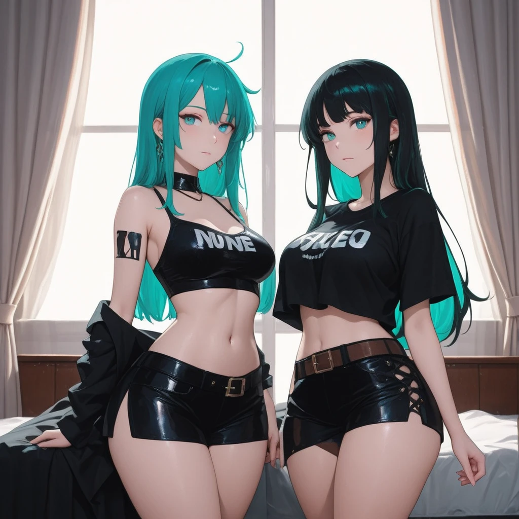 (Masterpiece, best quality, high res、highly detailed cg: 1), Create an image depicting a scene where a call girl, showing remnants of her delinquent (Yankee) past, is changing clothes in a private room of a brothel while questioning the client. The viewpoint should be from the client's perspective. The setting is a dimly lit private room typical of a brothel, and the call girl should exhibit traits of a former delinquent, such as certain attire or demeanor, while still wearing provocative clothing appropriate for her profession. Twin_Turbo_Umamusume, aqua hair, twintails, heterochromia, purple eyes, blue eyes, sharp teeth,hores tails, nsfw, Smoky eyes, Heavy makeup, A woman with an innocent questioning expression, her face showing no malice, only pure curiosity. lewd crests on the lower abdomen, pubic tattoo