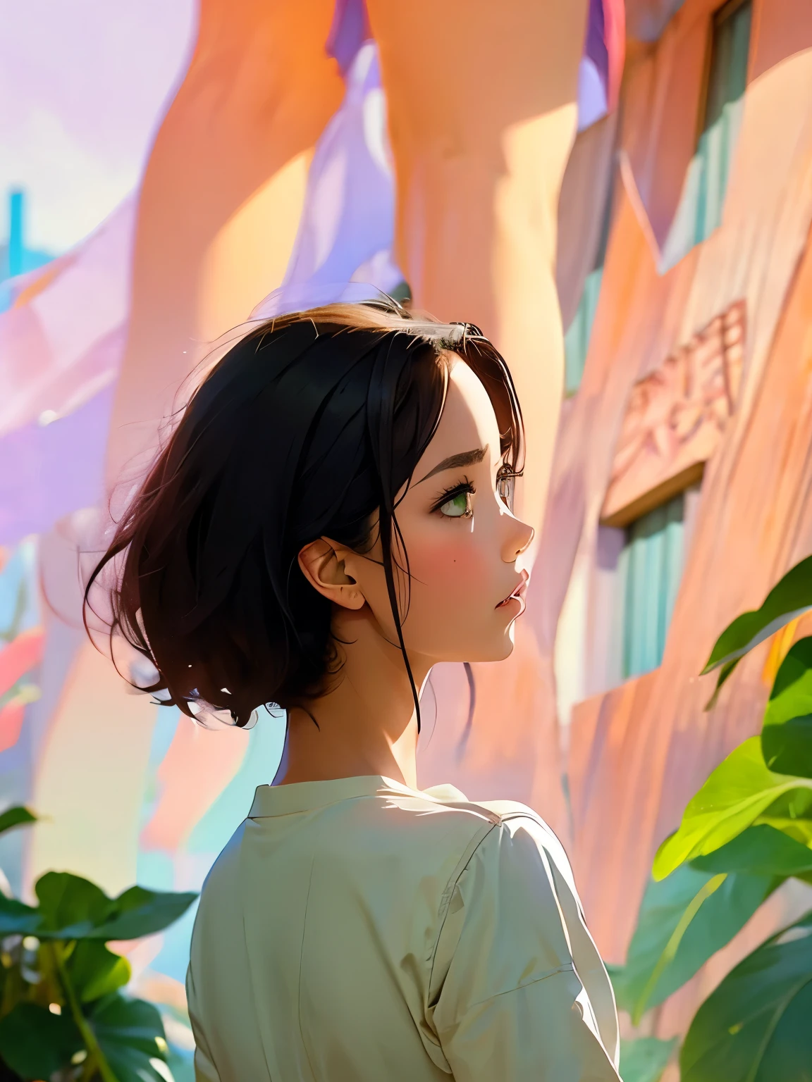 kurisu makise steins gate anime, atmospheric, elegant portrait, super highly detailed, professional digital painting, artstation, concept art, 8k, art by wlop, artgerm and alphonse mucha and eiichiro oda shinkai makoto vibrant Studio ghibli kyoto animation hideaki anno Sakimichan Stanley Artgerm Lau Rossdraws James Jean Marc Simonetti, 1 standing girl seen in profile, short black_hair, no background, green_eyes, blushing, lips, front view,