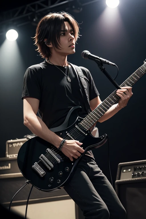 Draw anime-style . All-black heavy metal guitar with LED lights in the guitar neck houses while the man does the guitar solo at the rock concert. Man doing solo guitar with a lot of intensity.