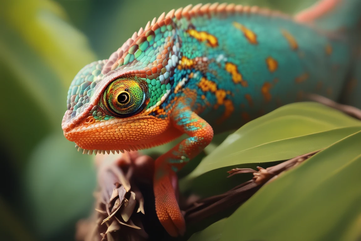 Macro shot of a chameleon seen , with its tail curled tightly into a colorful spiral, extremely detailed and in sharp focus. The front part of the chameleon, including its head and front leg, is visible in the blurry background, with one eye turned back, watching behind. It's a casque-headed chameleon. Its skin shimmers with a psychedelic rainbow of vibrant colors. The lighting is soft and natural, highlighting texture and depth. Background is gently blurred to emphasize the spiral tail. Artistic, dreamy, and high-definition atmosphere.
