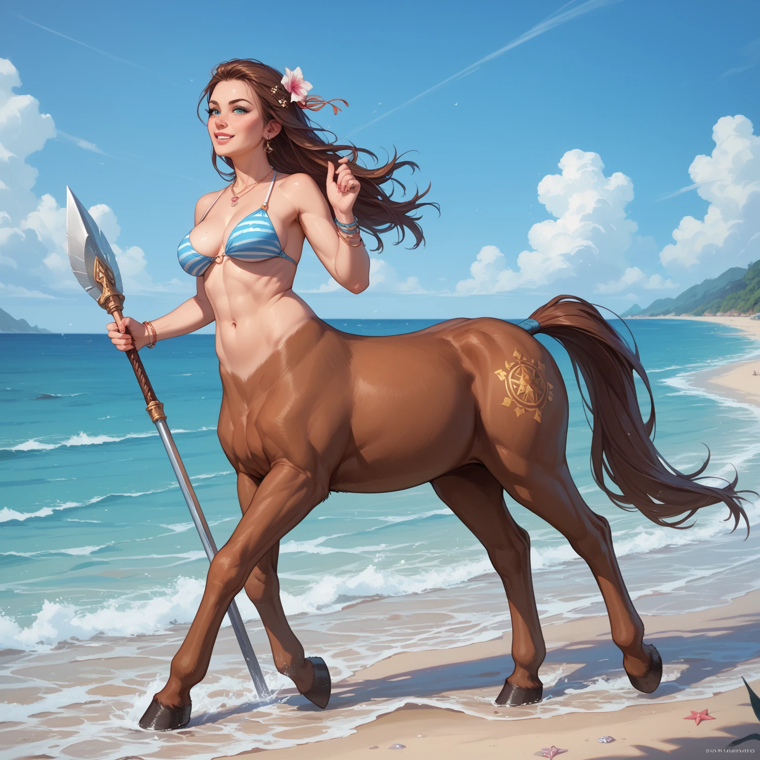 NSFW (nude) (Nami ((human)) large breasts, strip of pubic hair) riding male centaur with horse penis, full body, on a deserted beach