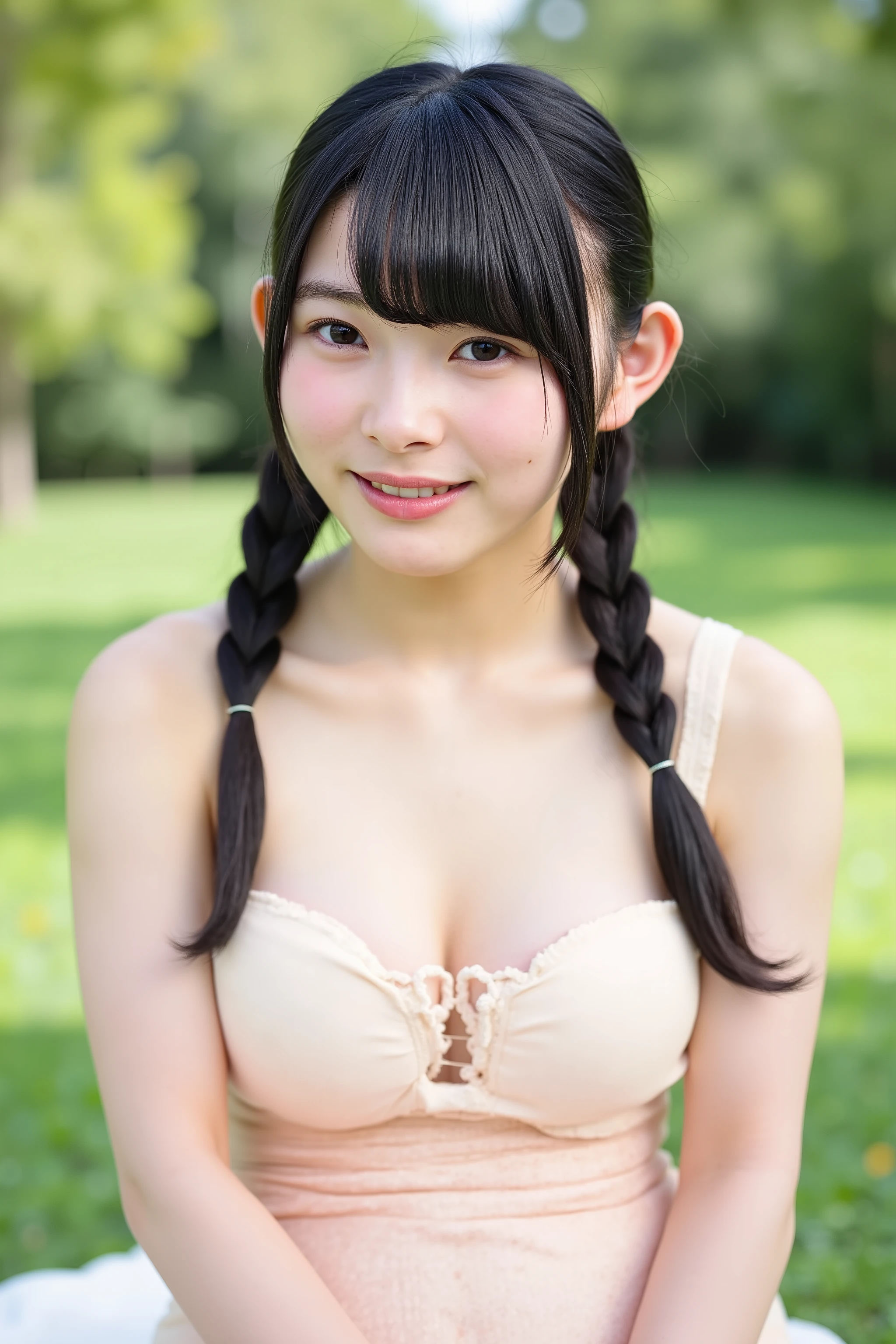 Nagano Mei,Japanese、woman、smile、(Nude),(just),(naked),Observe the audience、University Vegetable Garden、bangs、20-year-old、((Low twin tails)),Small eyes、Round face、Small Mouth、Small areola、serious、(Place your hand on your chest)