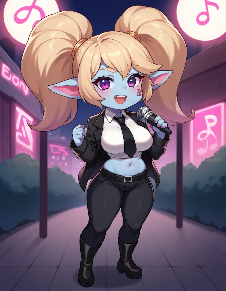 A furry cat girl with purple brown fur, short black hair turned to the left, with two black lines on each cheek, bright purple eyes with black stripes, two very small purple horns at the dark ends and lighter at the ends, but it has to be browned, half-purple fuzzy ears with black stripes behind the horns. She wears a spiked collar, black gloves with white fingers reaching almost to the elbow, a short black t-shirt with white stripes at the edges, short sleeves and a white pentagram in the center. Her short shorts are black with white edges, revealing the panty line, and she wears black pantyhose with two white stripes at the beginning. Its belly is white in the center, and she has a huge fluffy tail at the end, plus a black halo with an X in the middle, very chubby.