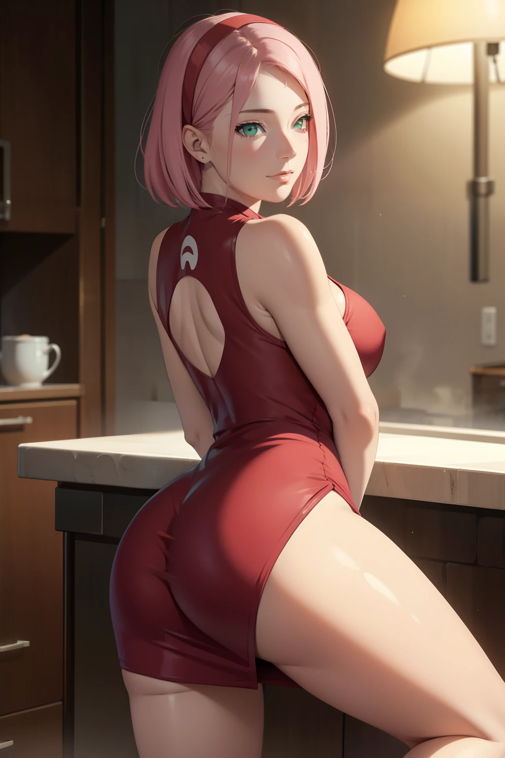 realisticlying, realisticlying,cowboy lens,tmasterpiece,hoang lap,1 girl,Sakura Haruno,forehead mark,red hairband,Red cheongsam,white stockings,nabel,groin,bangle,looking at viewert,ssmile,SakuraNS,Private garden,ventania,Floating hair,big cleavage breasts,((Wide buttock))),tonedbody,Detailed eyes,