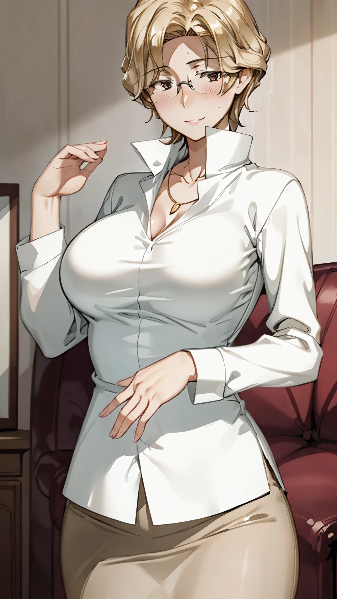 (SUPER QUALITY,super high definition,16k,A super masterpiece, ,detailed shading and background,)sexy mature woman, Gold,glasses,Long-sleeved, long-length white shirt with a large collar standing straight,slim slit skirt,cleavage,necklace,Big Breasts,blush,with a maternal smile,glossy lips,living room,