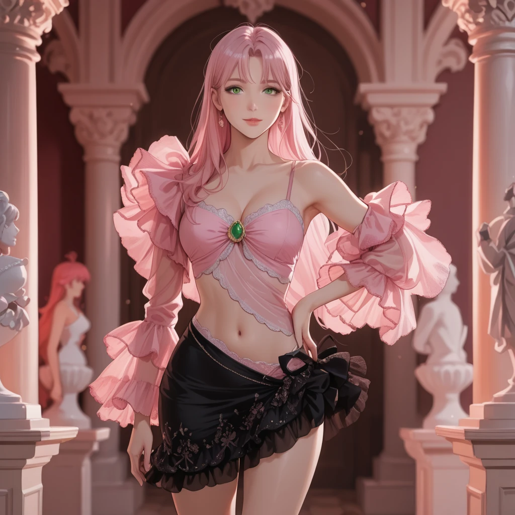 a full body of a woman in a pink dress with a crown on her head, 2. 5 d cgi anime fantasy artwork, anime fantasy artwork, beautiful fantasy anime, beautiful fantasy art, beautiful alluring anime woman, anime goddess, a beautiful fantasy empress, anime fantasy illustration, extremely detailed artgerm, 8k high quality detailed art, fantasy art style, heels, standing, transparent, princess, ballerina, ribbon on the back dress, sexy, belly button expose, idol