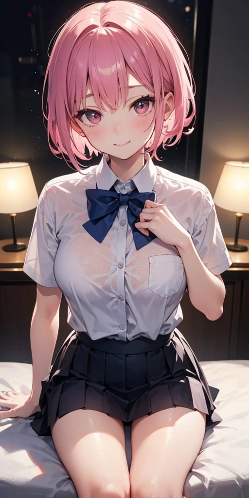 18 yeas old, girl, pink hair, bob cut, side up, Straight bangs, slim, big tits, narrow red eyes, cute, cat ears, glasses,
(embarrassed, blush:1), (ecstasy:0.6), (think:1.8), (smile:1.5), (sweat:1.6), beautiful nipple, ruffle shirt, layered pleated skirt, tie, braless, see-through, ribbon, fishnet, frills, Kneesocks, rose, headdress, loafers,
handcuffs, frontal, standing, centet of attention, alley, night, spotlight, lifted shirt
