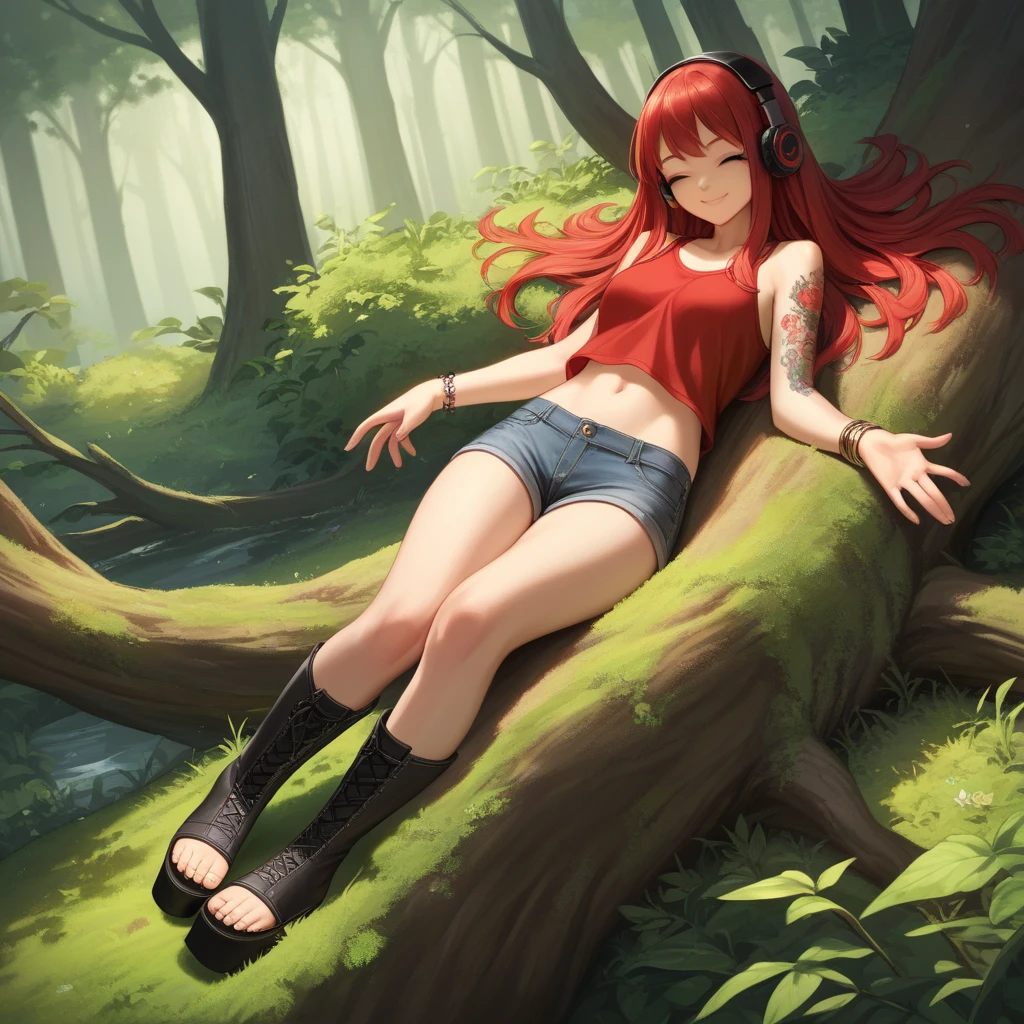 ((Masterpiece)),(((best quality))), realistic, 1 girl, 20 years old, forest, short clothes, adult female body, very feminine body, lying down, red hair. --auto --s2
